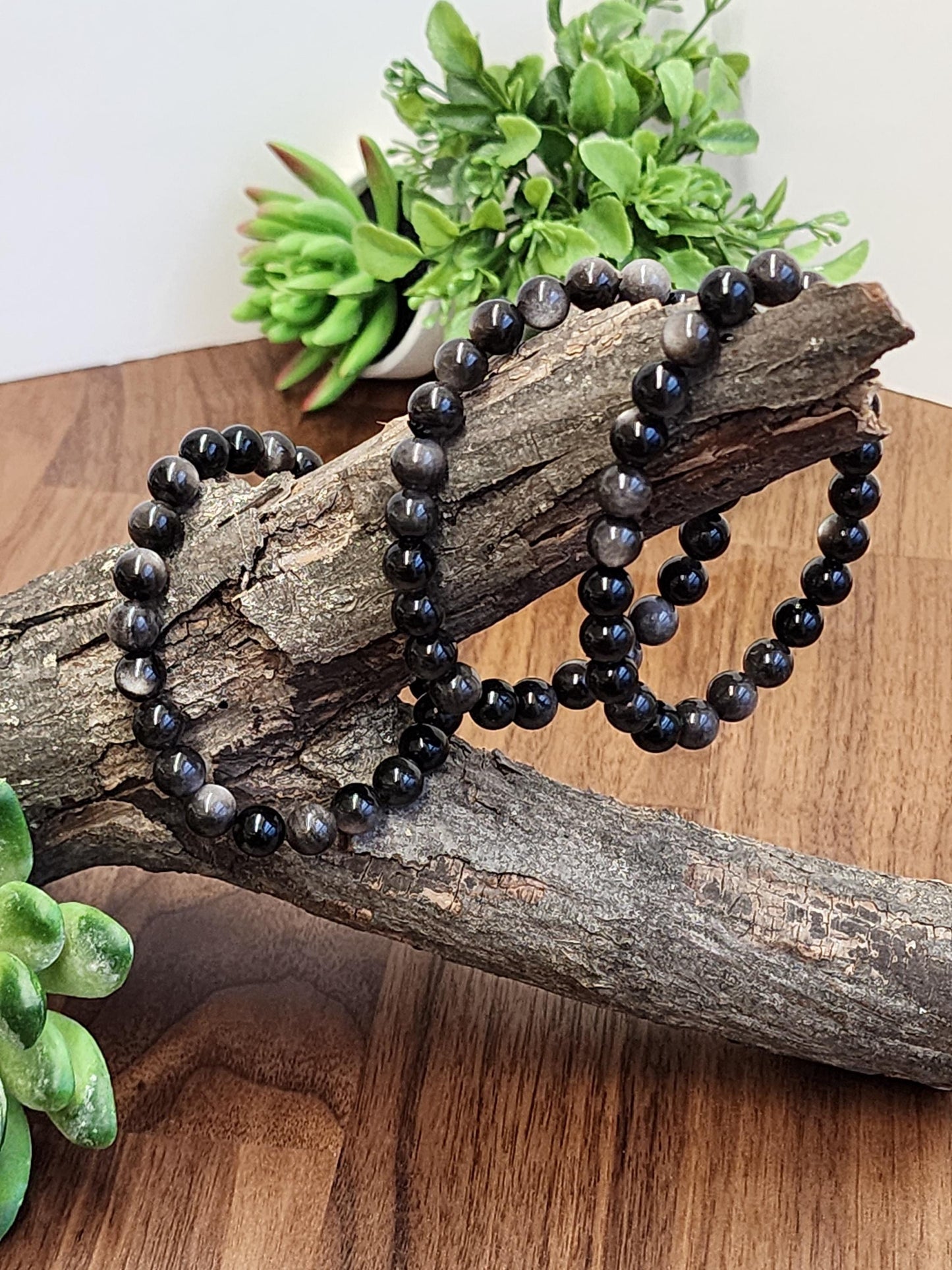 Silver Sheen Obsidian Bracelet: 8MM Natural Black Crystal Beads with Silver Gray Chatoyant Effect | Cool Gift for Rock Collectors Kids