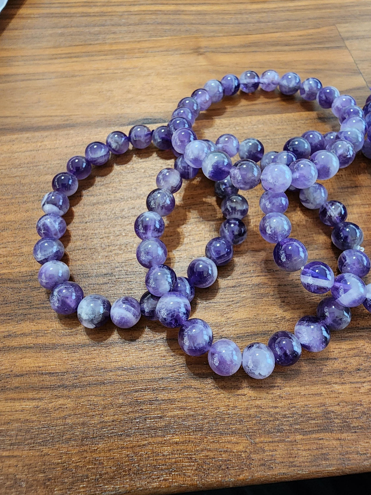 Dream Amethyst Bracelet: 8MM Natural Purple Crystal Beads, Some with Chevron Mountain | Dainty for smaller 6" wrist | Lilac Clear Quartz