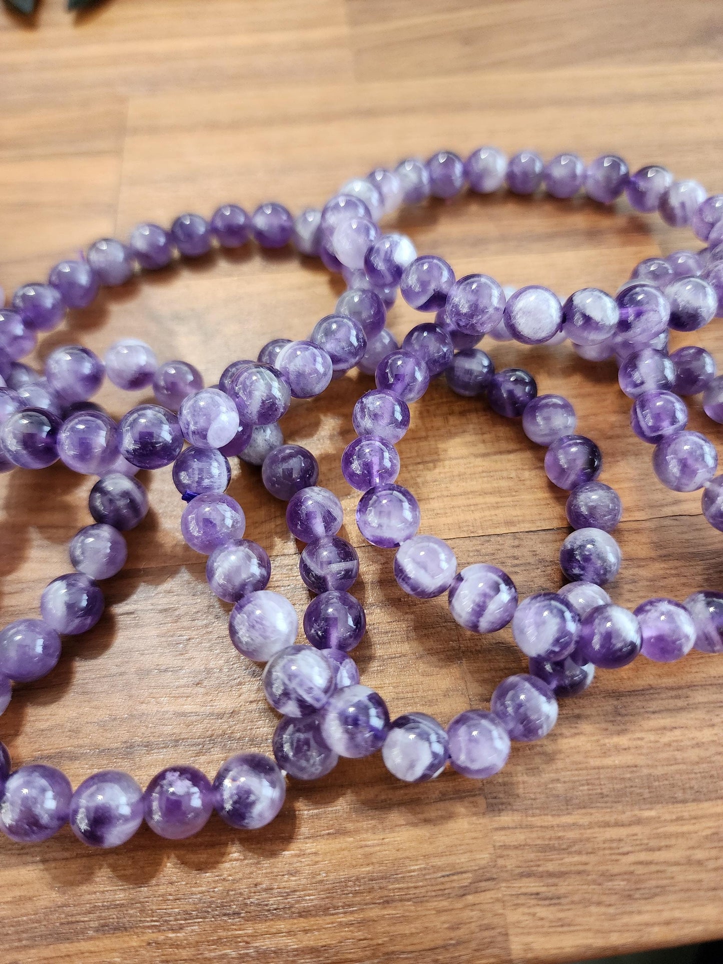 Dream Amethyst Bracelet: 8MM Natural Purple Crystal Beads, Some with Chevron Mountain | Dainty for smaller 6" wrist | Lilac Clear Quartz