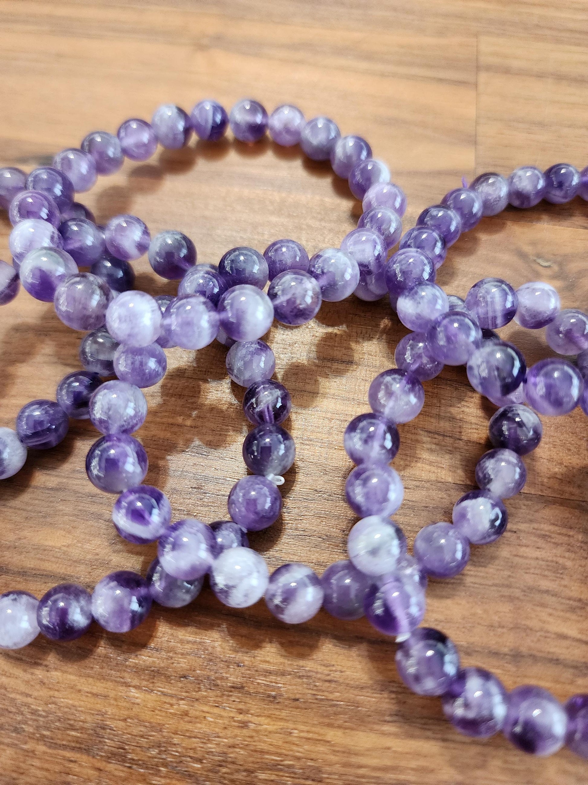 Dream Amethyst Bracelet: 8MM Natural Purple Crystal Beads, Some with Chevron Mountain | Dainty for smaller 6" wrist | Lilac Clear Quartz