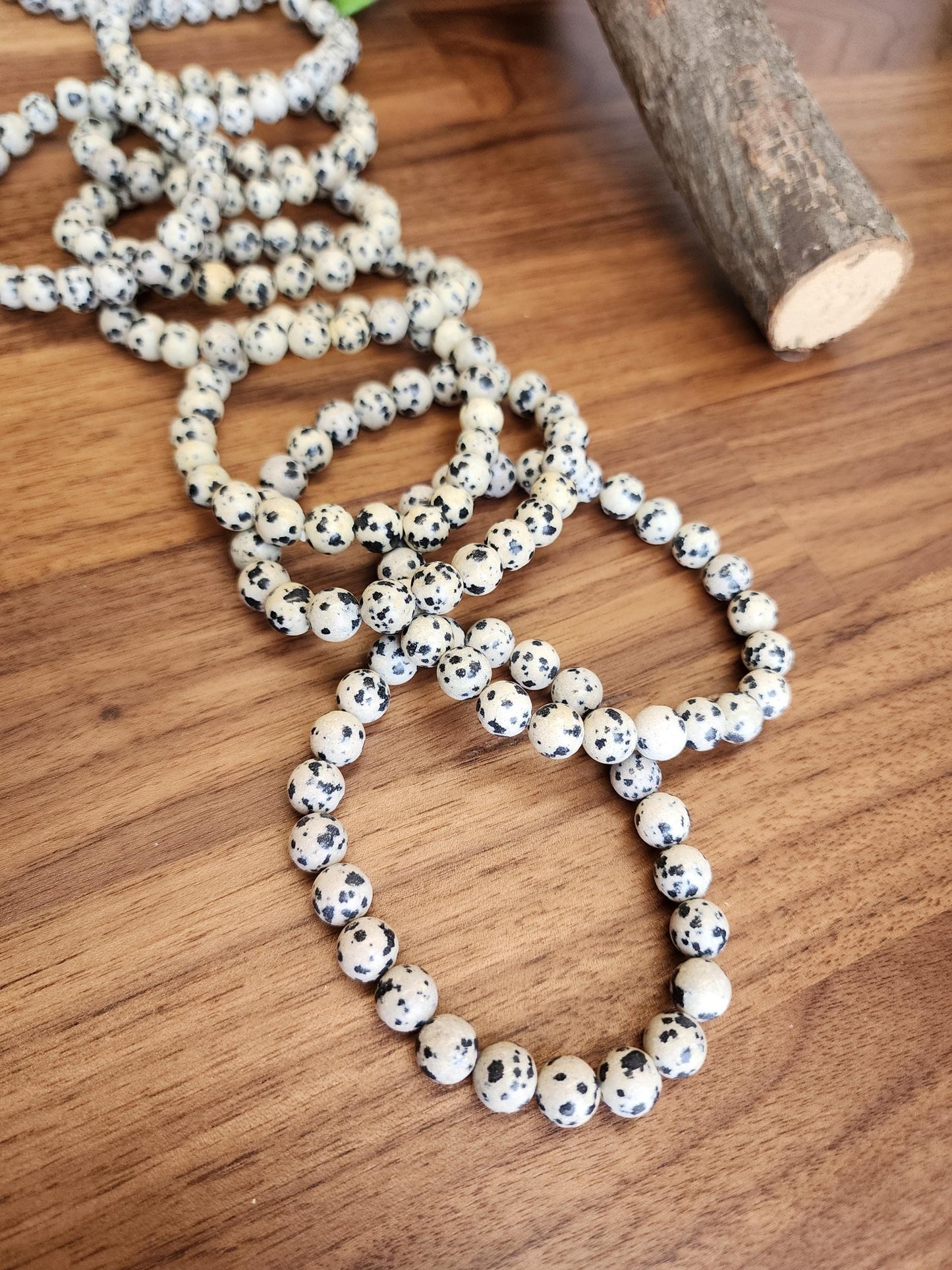 Dalmatian Jasper Bracelet: 8MM Crystal Beads | Natural Black Spots on Beige Cream Matrix | Nature's Polka Dots | Pet Rememberance Gift