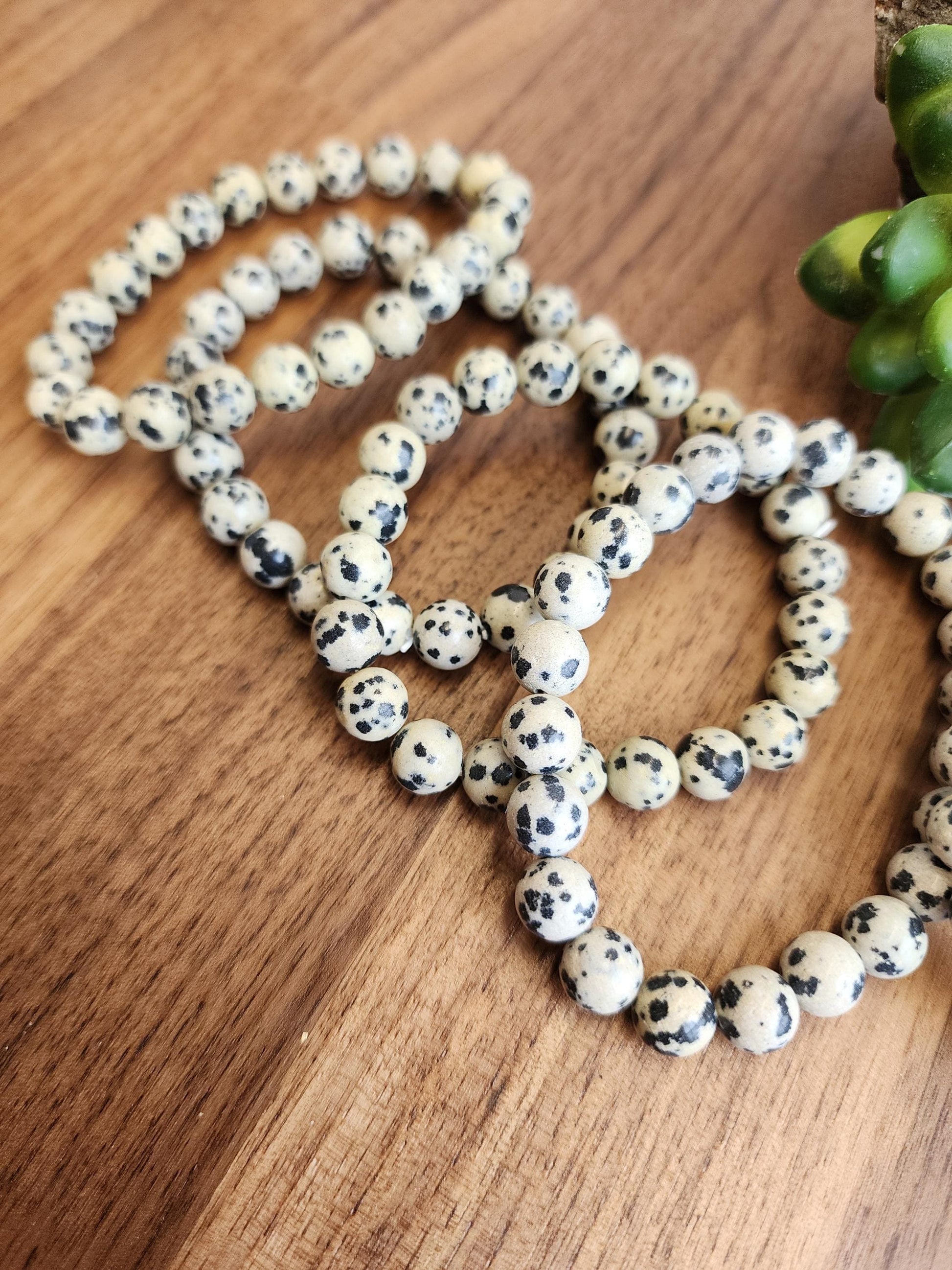 Dalmatian Jasper Bracelet: 8MM Crystal Beads | Natural Black Spots on Beige Cream Matrix | Nature's Polka Dots | Pet Rememberance Gift
