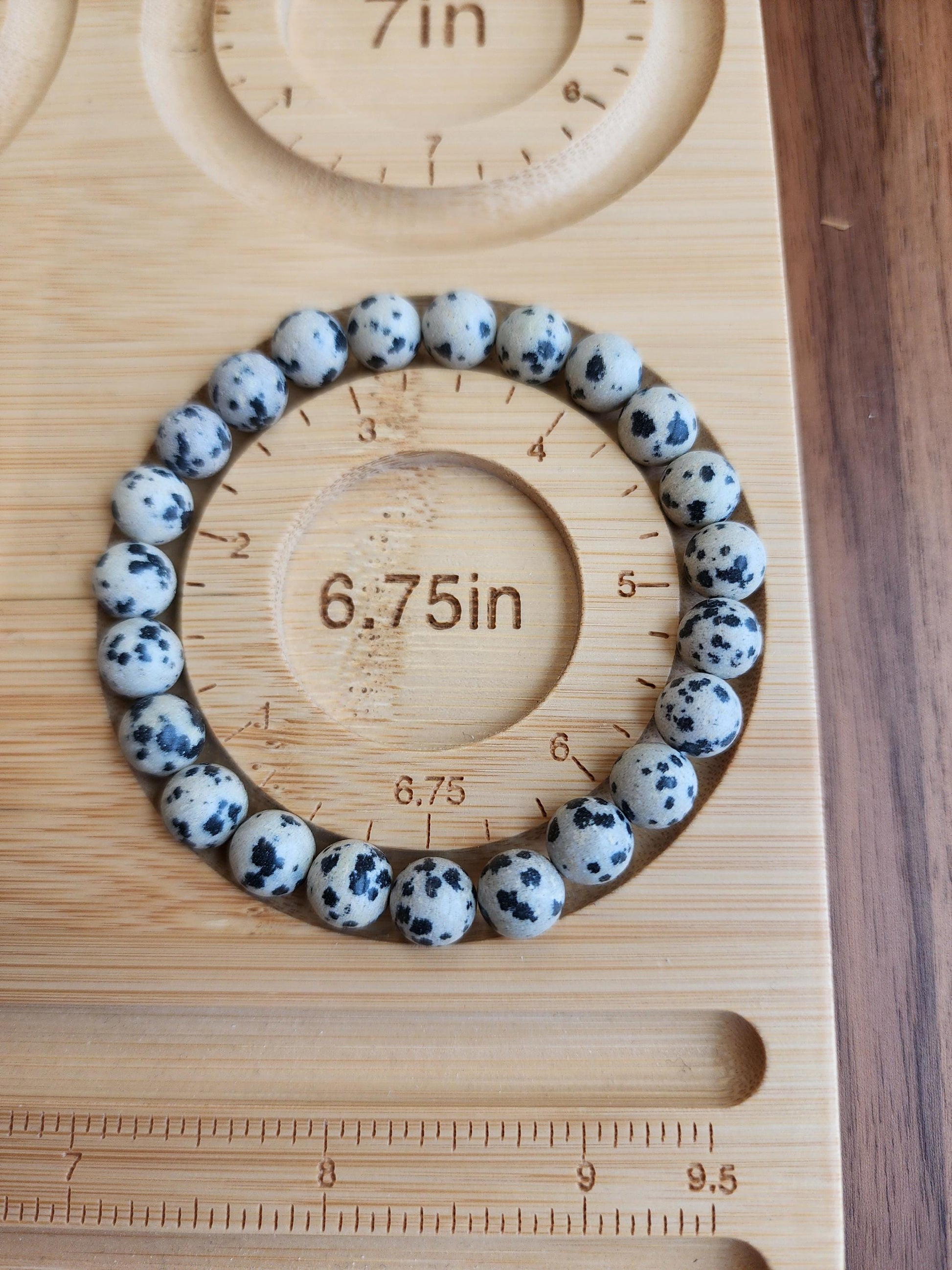 Dalmatian Jasper Bracelet: 8MM Crystal Beads | Natural Black Spots on Beige Cream Matrix | Nature's Polka Dots | Pet Rememberance Gift
