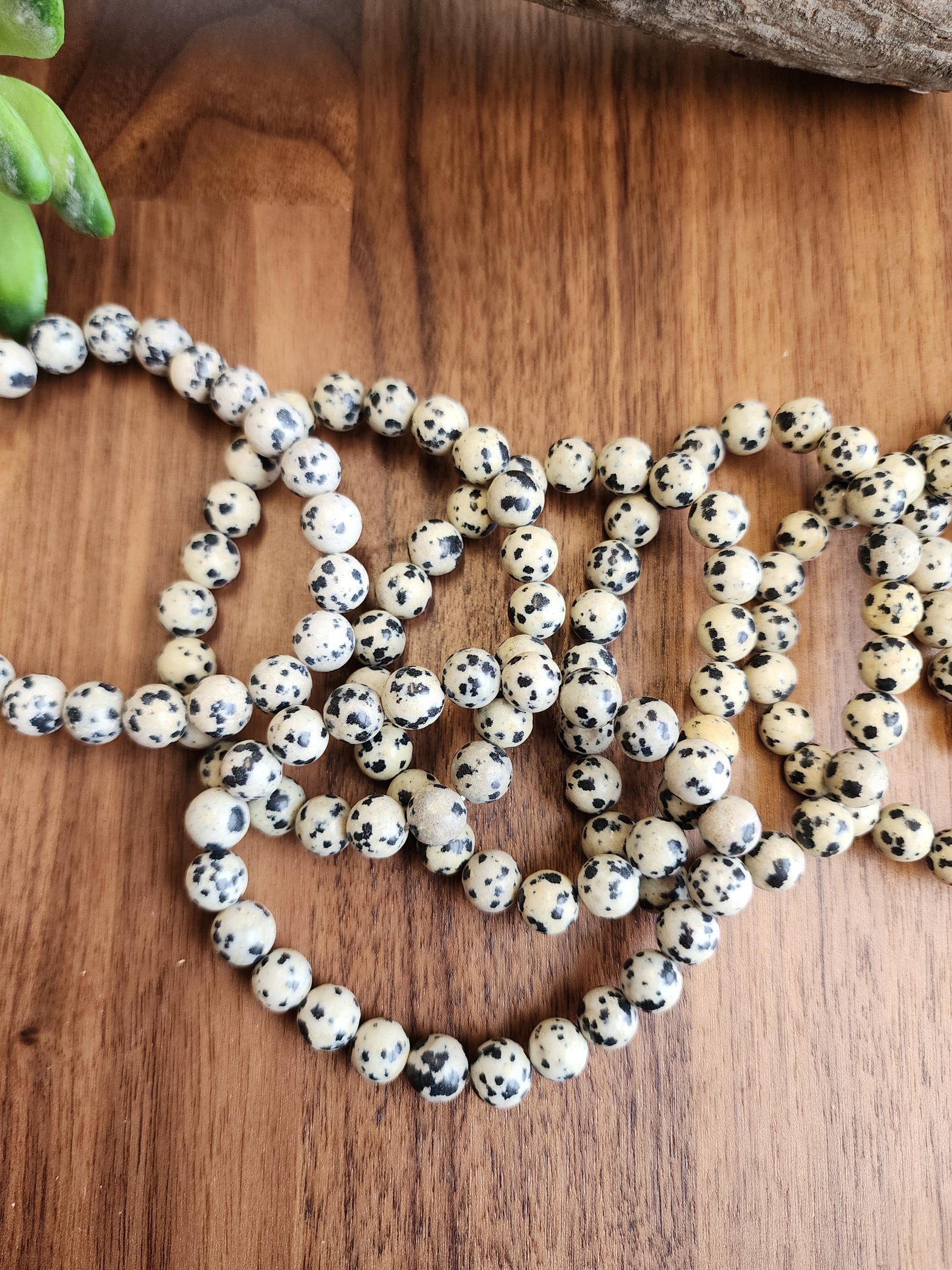 Dalmatian Jasper Bracelet: 8MM Crystal Beads | Natural Black Spots on Beige Cream Matrix | Nature's Polka Dots | Pet Rememberance Gift