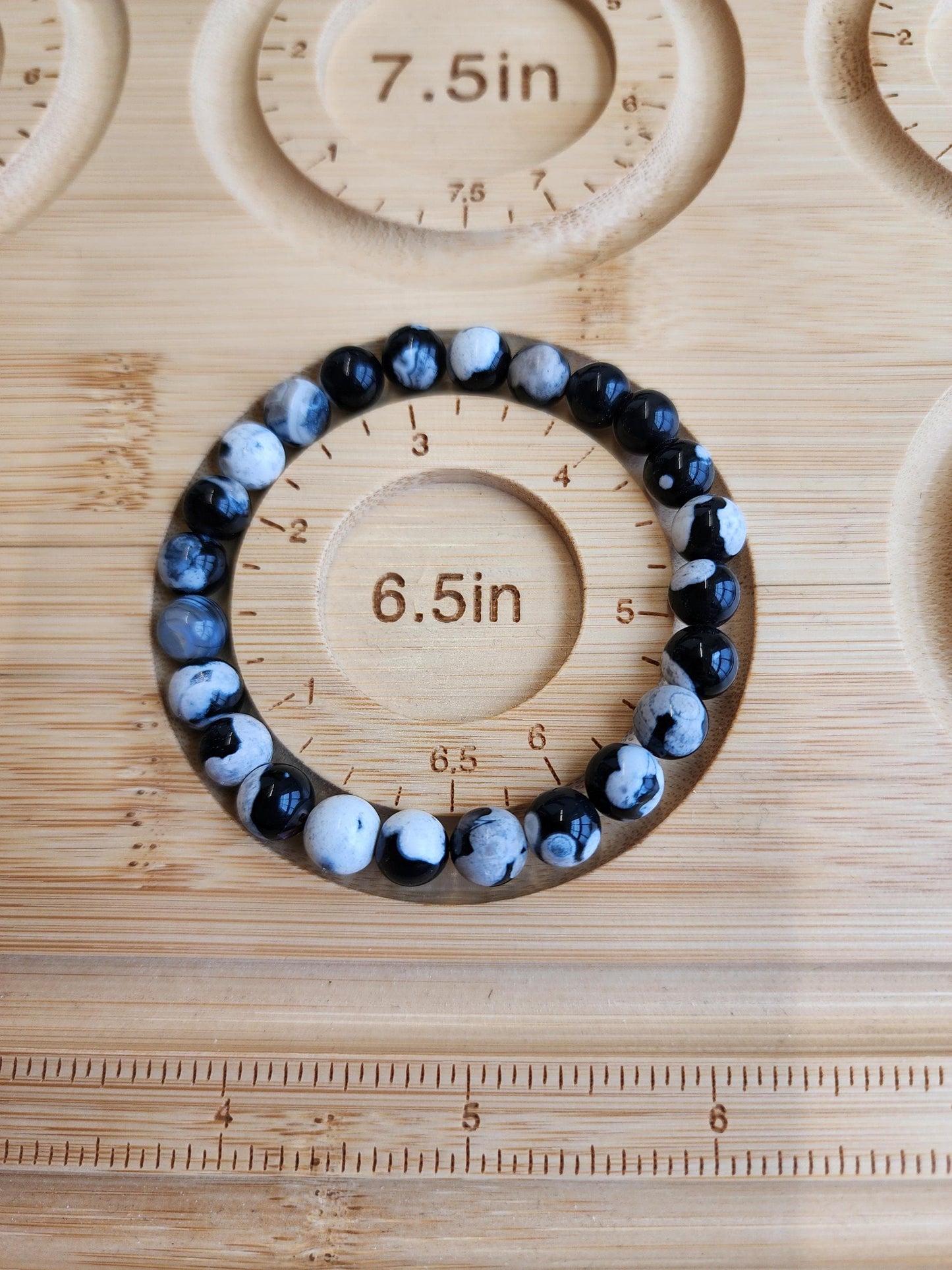 Black Orca Agate Bracelet: 8MM Dark Blue Black Crystal Beads with White Agate Bubbles & Orbs | Some Banding | Great gift ot offer strength