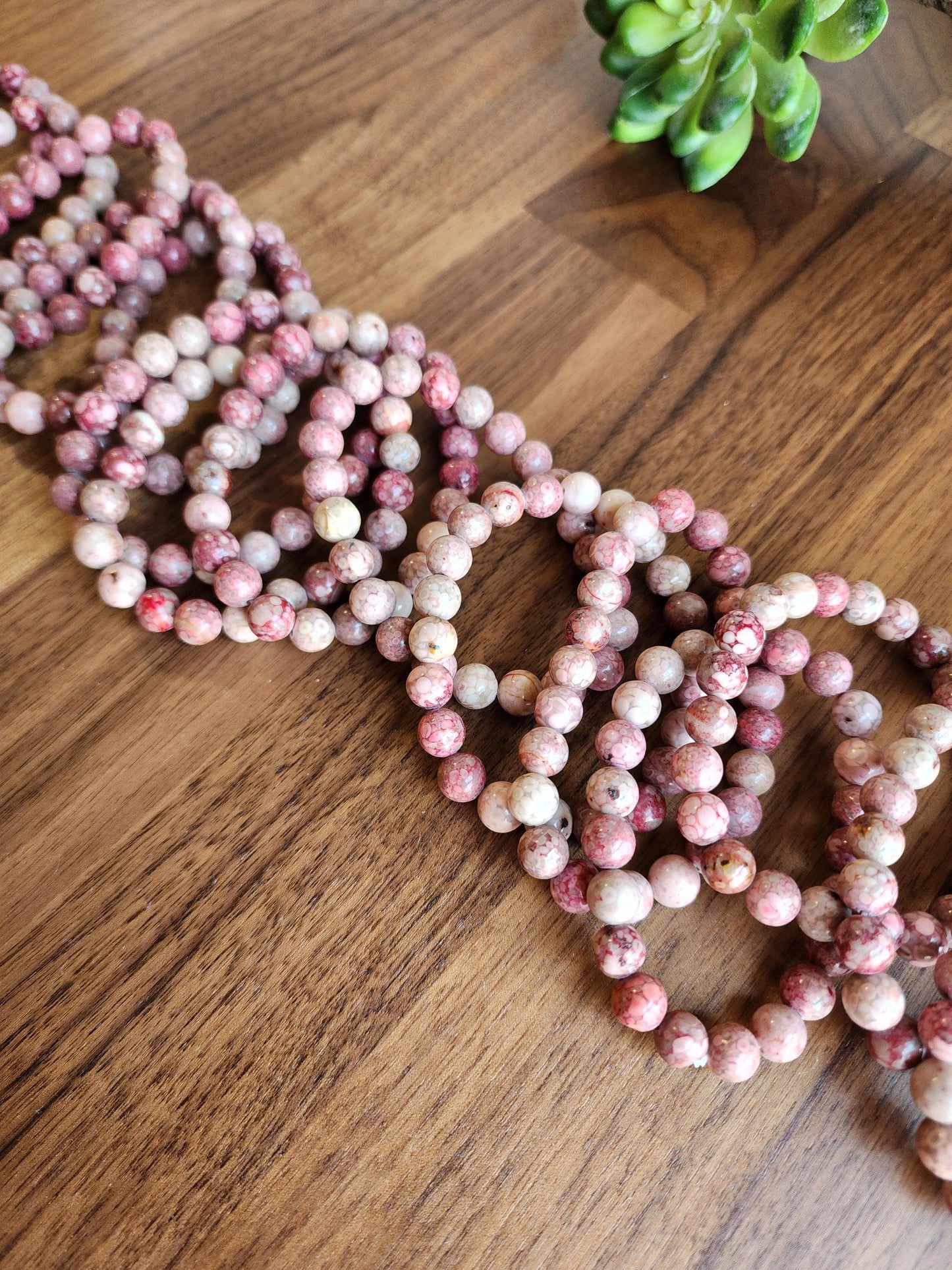 Pink Fossil Coral Bracelet: 8MM Red Chrysanthemum Crystal Beads | Maifanite Stone | Unique Pink Snowflake Llanite | Rare Jewelry Gift Idea