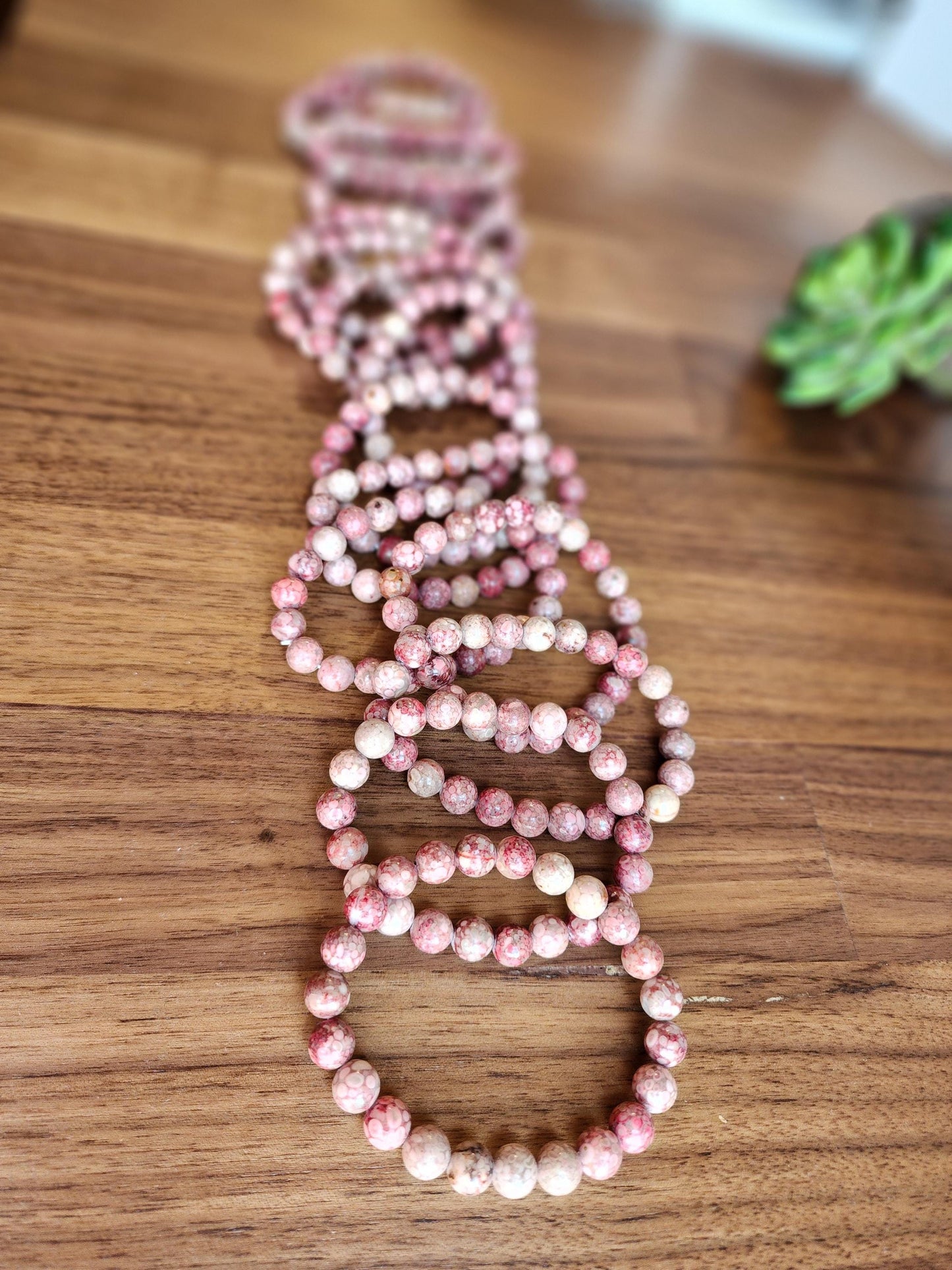 Pink Fossil Coral Bracelet: 8MM Red Chrysanthemum Crystal Beads | Maifanite Stone | Unique Pink Snowflake Llanite | Rare Jewelry Gift Idea