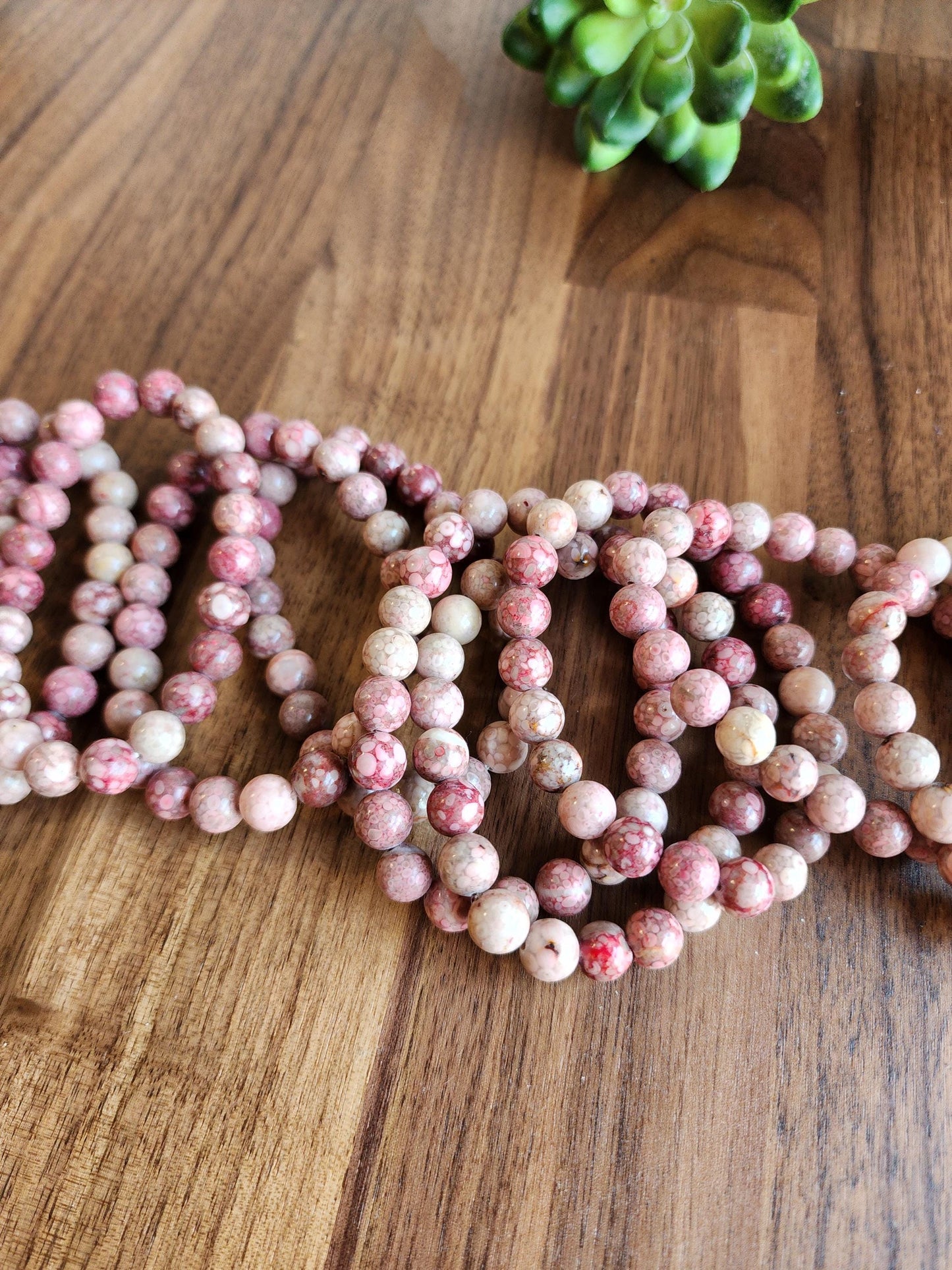 Pink Fossil Coral Bracelet: 8MM Red Chrysanthemum Crystal Beads | Maifanite Stone | Unique Pink Snowflake Llanite | Rare Jewelry Gift Idea