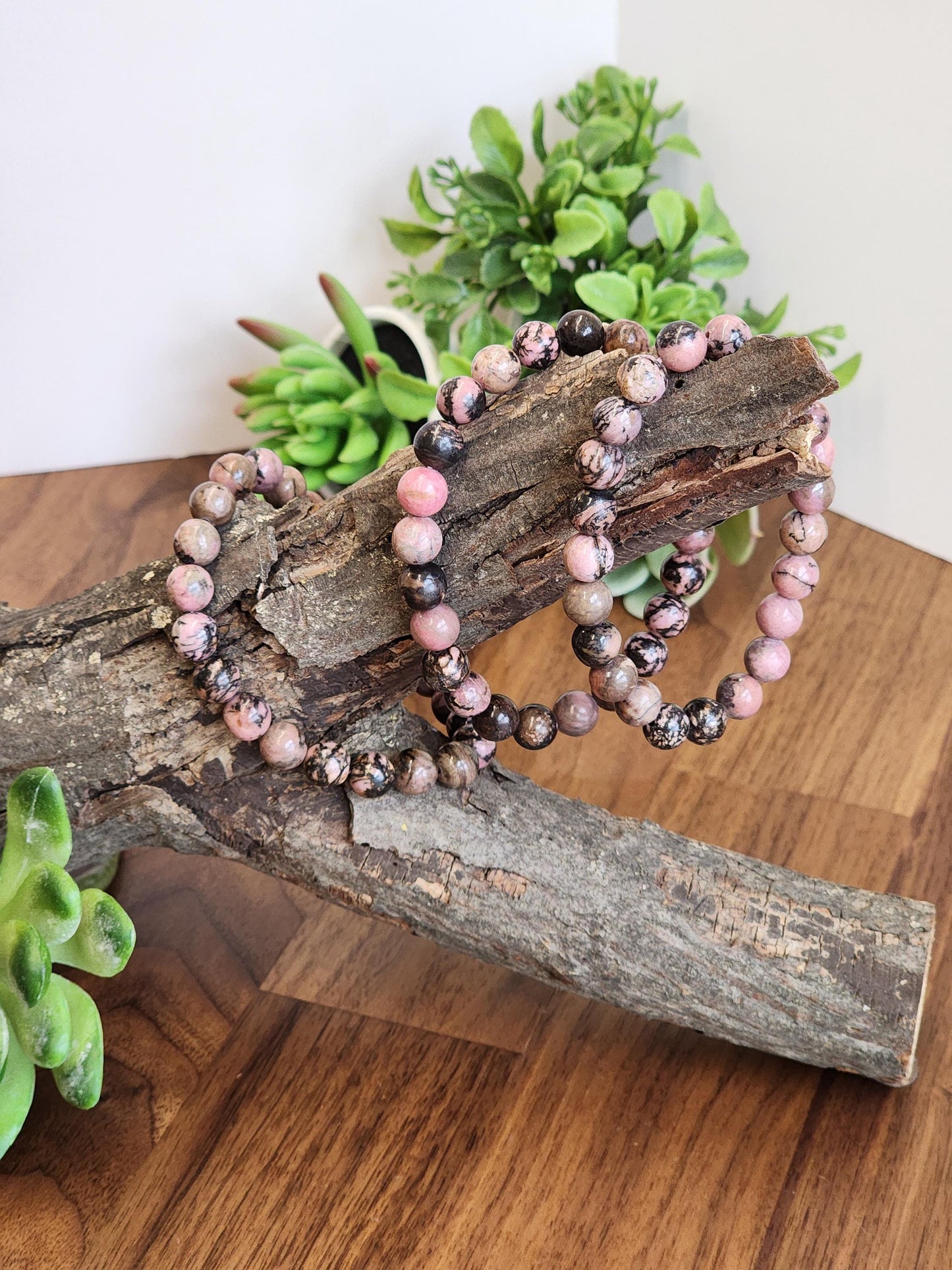 Black Veined Rhodonite Bracelet: 8MM Pink Crystal Beads with Spideweb Patterns | Edgy Cool Gift for a Goth Girl or a Steampunk Teen