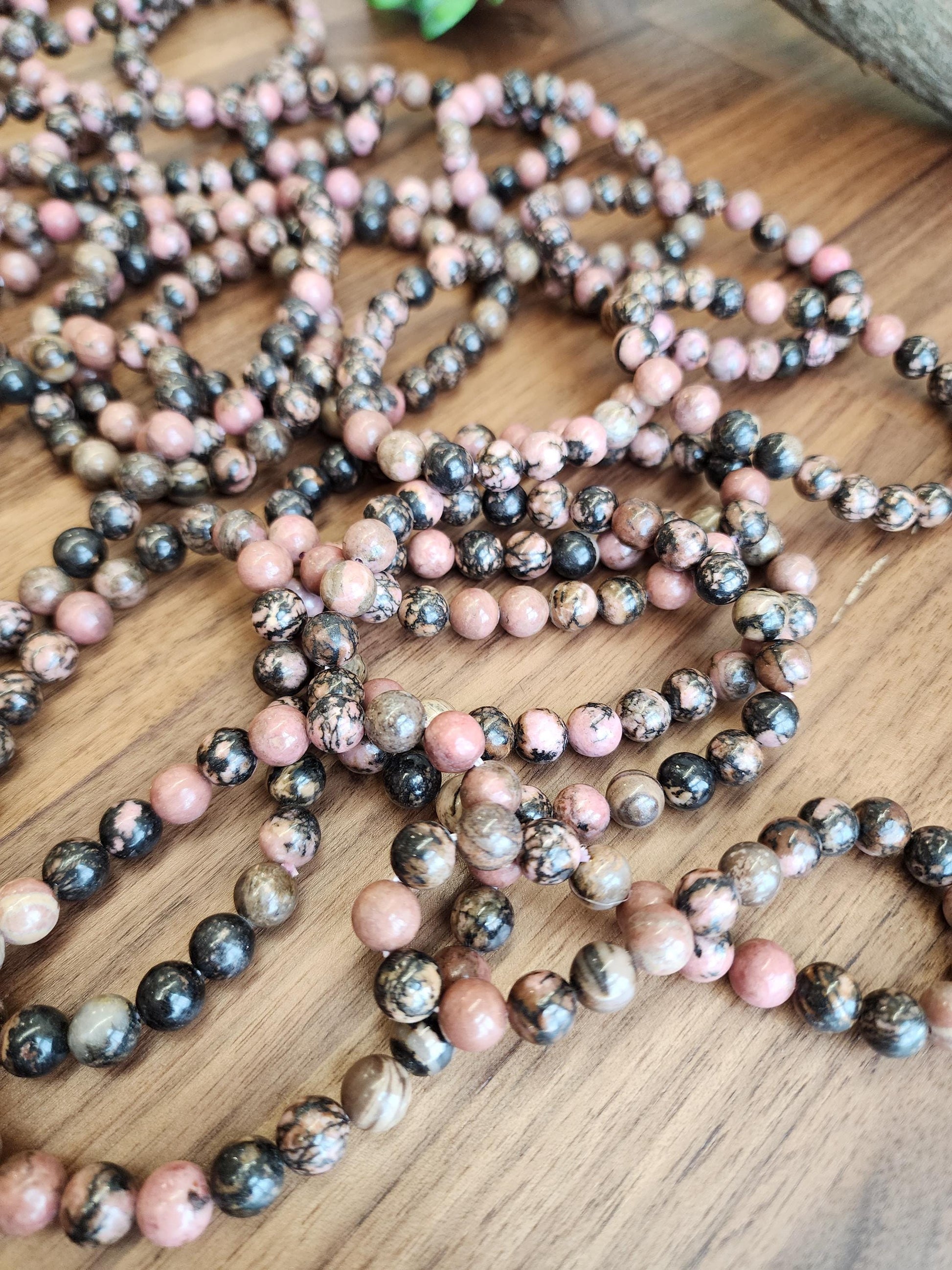 Black Veined Rhodonite Bracelet: 8MM Pink Crystal Beads with Spideweb Patterns | Edgy Cool Gift for a Goth Girl or a Steampunk Teen