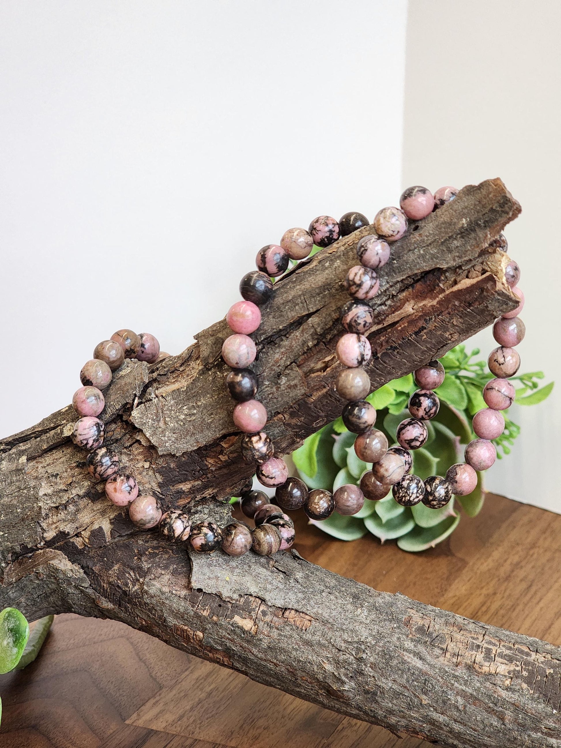 Black Veined Rhodonite Bracelet: 8MM Pink Crystal Beads with Spideweb Patterns | Edgy Cool Gift for a Goth Girl or a Steampunk Teen