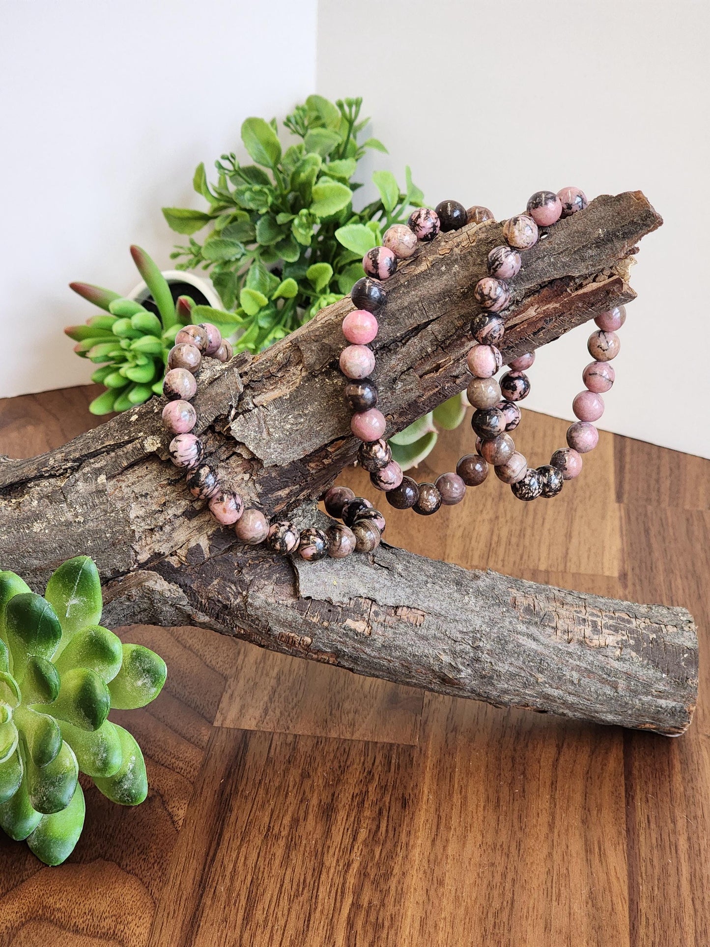 Black Veined Rhodonite Bracelet: 8MM Pink Crystal Beads with Spideweb Patterns | Edgy Cool Gift for a Goth Girl or a Steampunk Teen