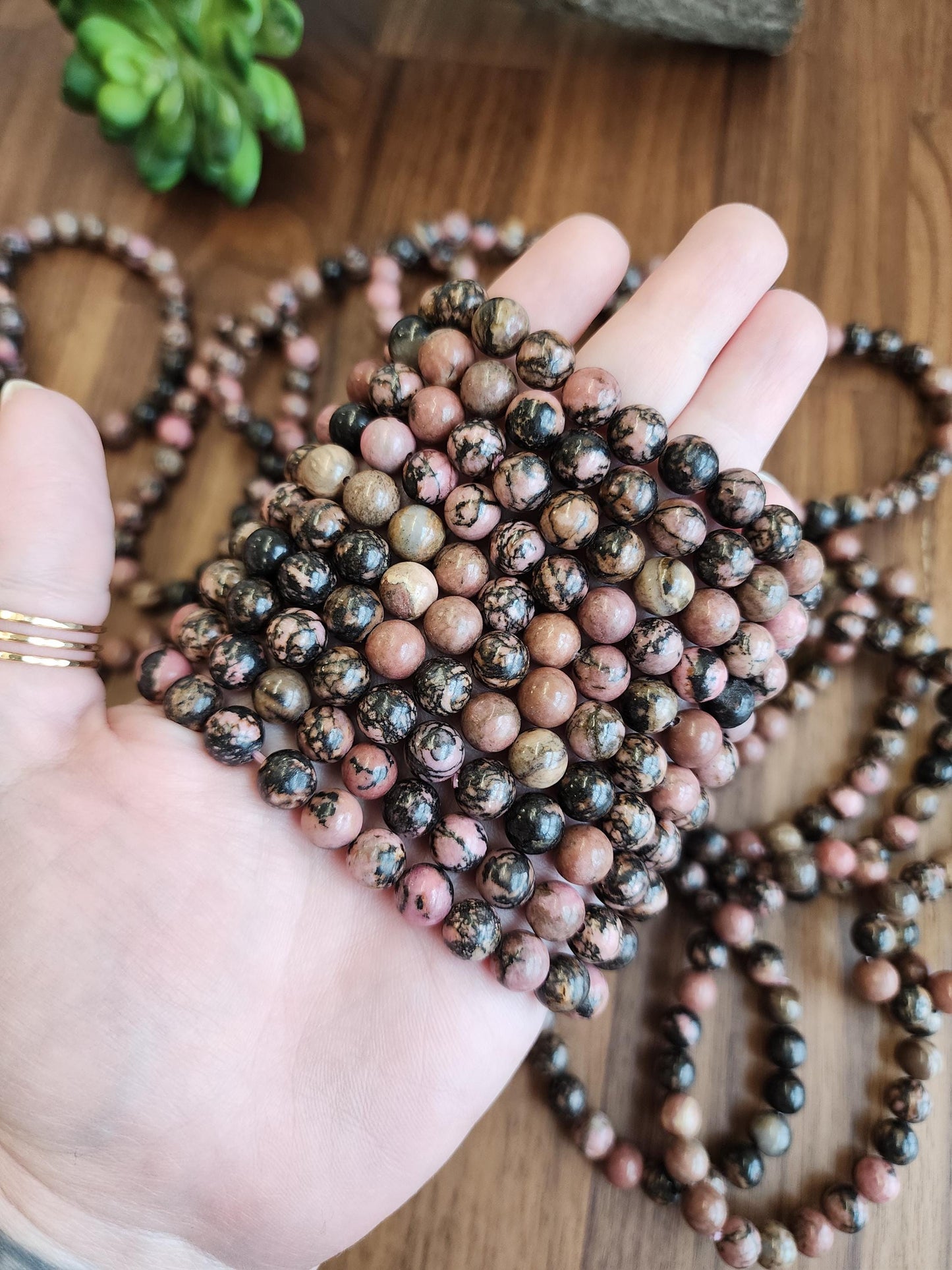 Black Veined Rhodonite Bracelet: 8MM Pink Crystal Beads with Spideweb Patterns | Edgy Cool Gift for a Goth Girl or a Steampunk Teen