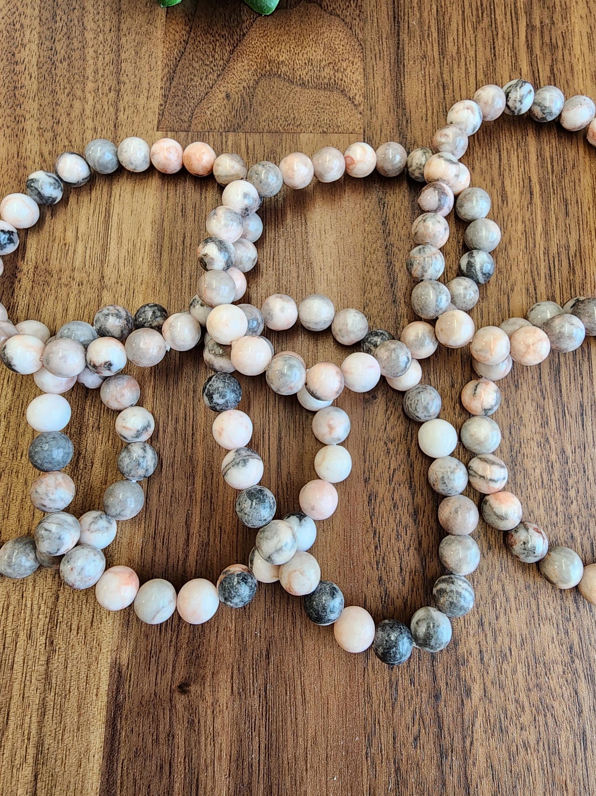 Pink Zebra Jasper: 8MM Natural Crystal Beads | Subtle Gray Pink and White Hues | Perfect gift for Teens, Easter Baskets, and Fun Summer Fits