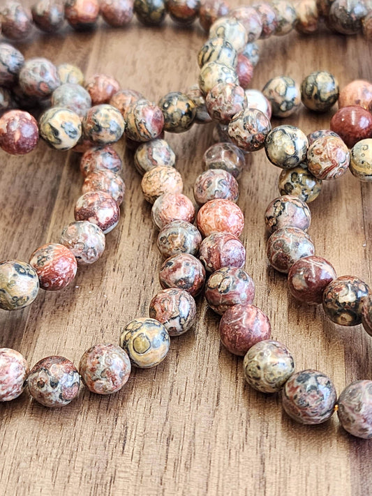 Leopardite Crystal Bracelet: 8MM Leopard Skin Jasper Beads, aka Safari Jaguar Stone | Pink Red Tan Green Patterns for Wild Girly Side Gifts