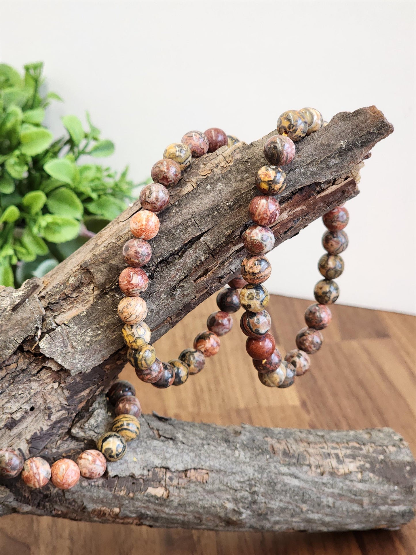 Leopardite Crystal Bracelet: 8MM Leopard Skin Jasper Beads, aka Safari Jaguar Stone | Pink Red Tan Green Patterns for Wild Girly Side Gifts