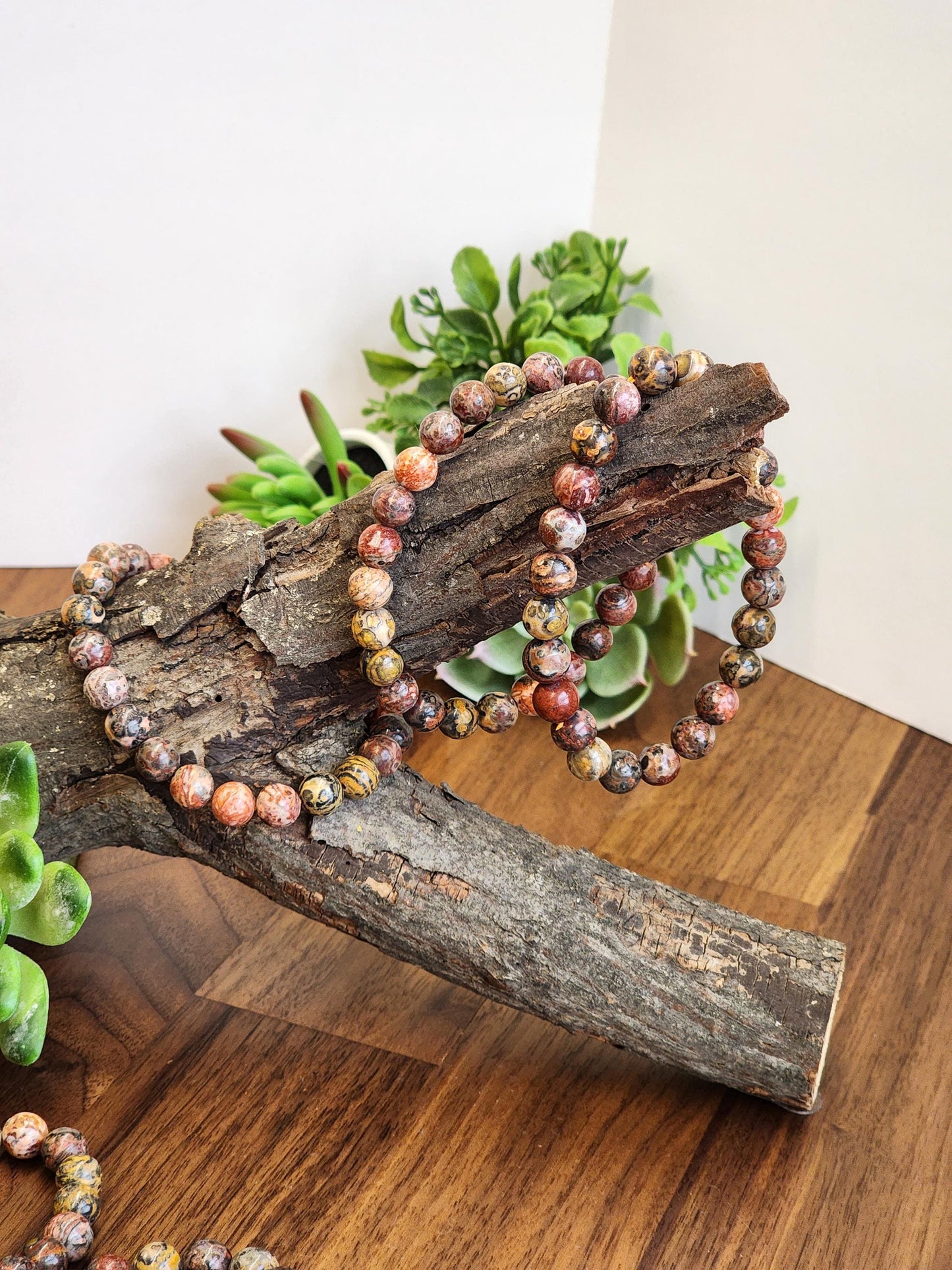 Leopardite Crystal Bracelet: 8MM Leopard Skin Jasper Beads, aka Safari Jaguar Stone | Pink Red Tan Green Patterns for Wild Girly Side Gifts