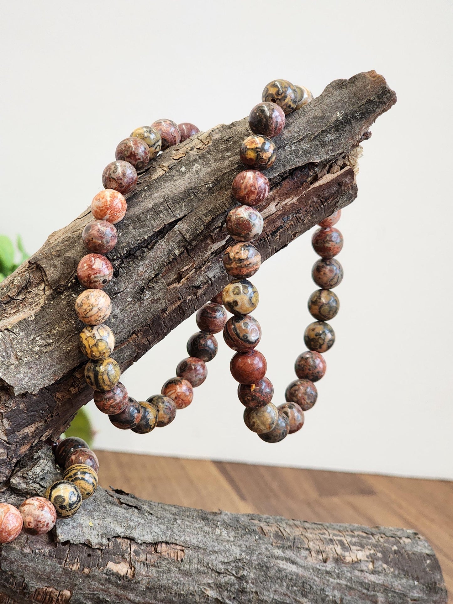 Leopardite Crystal Bracelet: 8MM Leopard Skin Jasper Beads, aka Safari Jaguar Stone | Pink Red Tan Green Patterns for Wild Girly Side Gifts