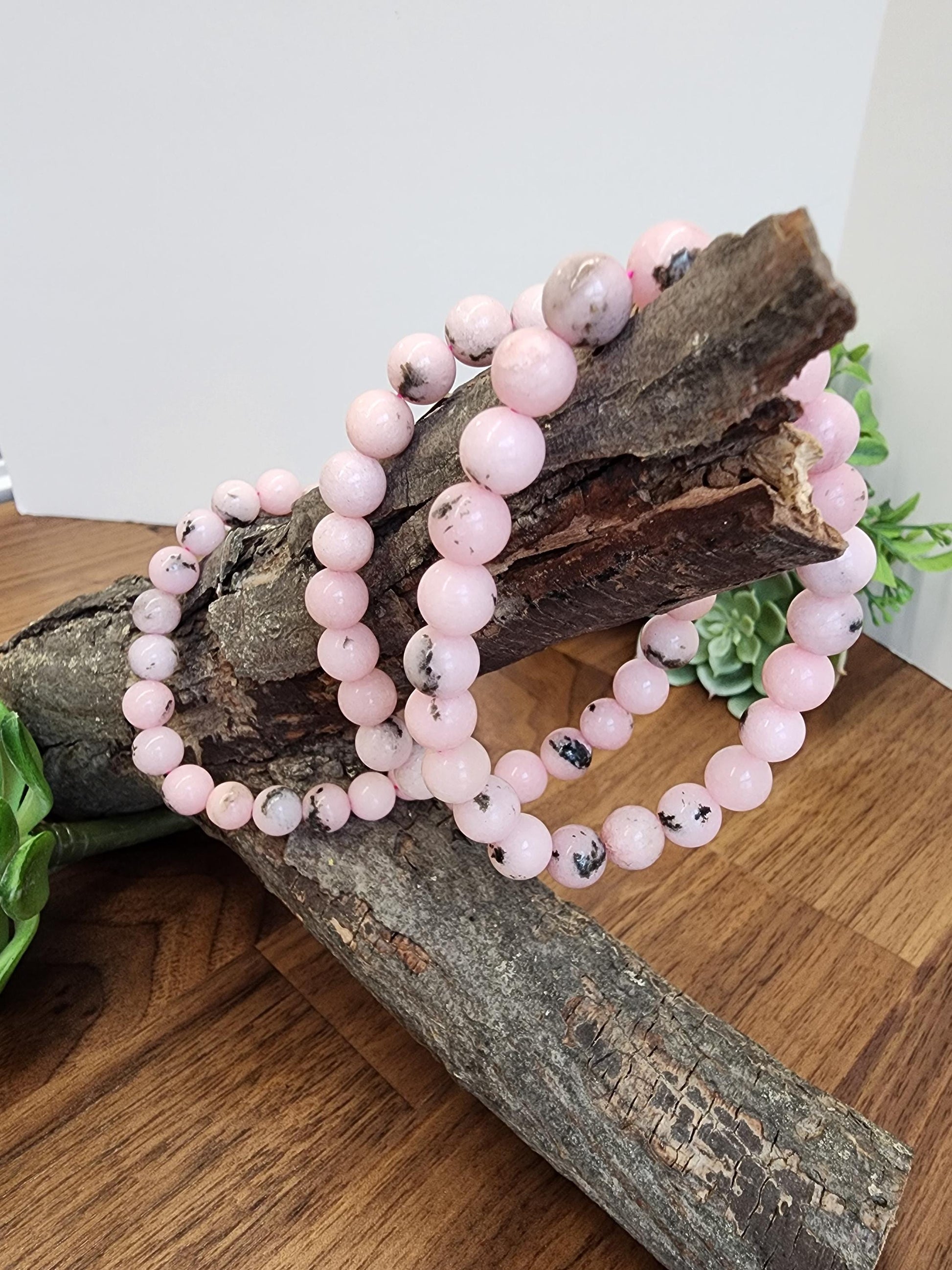 Pink Dendritic Opal Bracelet: 8MM Natural Crystal Beads Enhanced with Pale Pink Dye | Mother's Day Gift or Easter Basket Stuffer for Kids