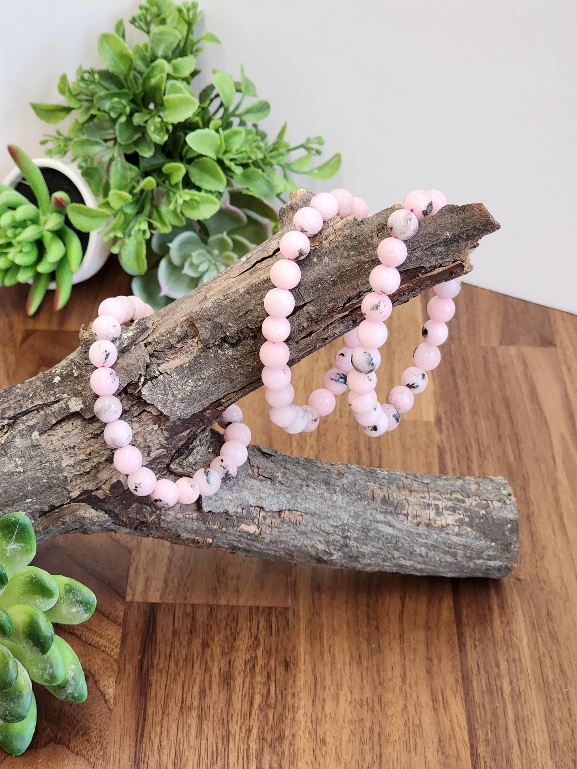 Pink Dendritic Opal Bracelet: 8MM Natural Crystal Beads Enhanced with Pale Pink Dye | Mother's Day Gift or Easter Basket Stuffer for Kids
