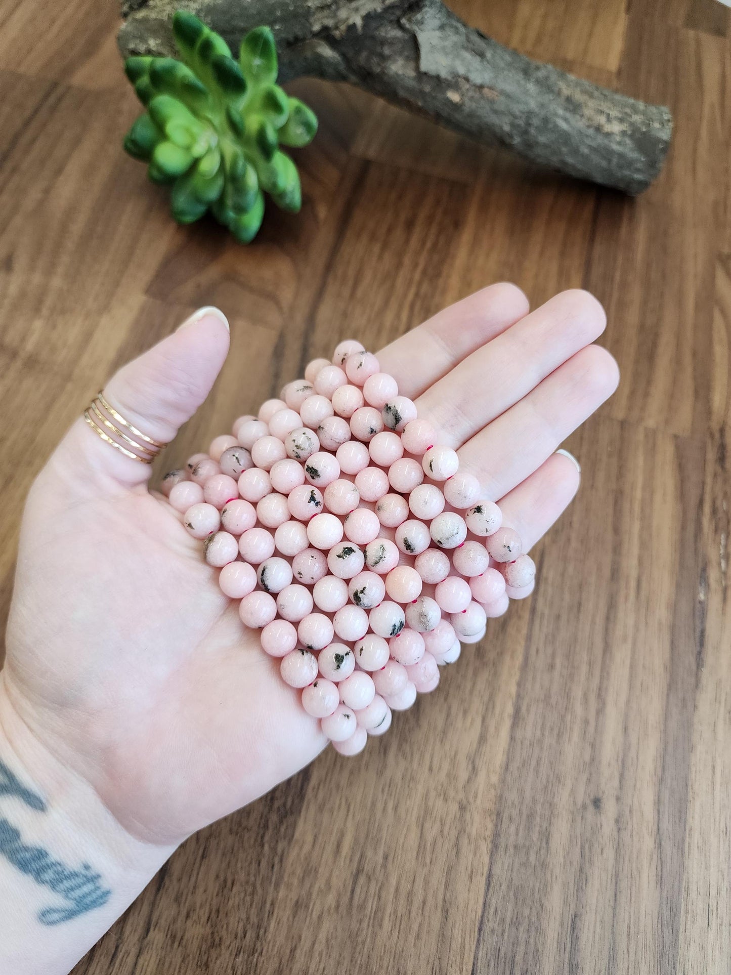 Pink Dendritic Opal Bracelet: 8MM Natural Crystal Beads Enhanced with Pale Pink Dye | Mother's Day Gift or Easter Basket Stuffer for Kids