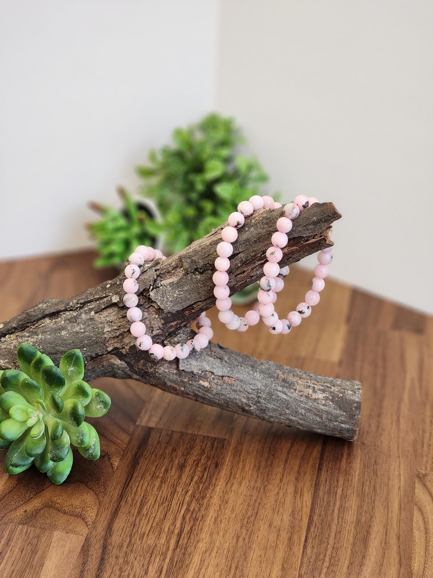 Pink Dendritic Opal Bracelet: 8MM Natural Crystal Beads Enhanced with Pale Pink Dye | Mother's Day Gift or Easter Basket Stuffer for Kids
