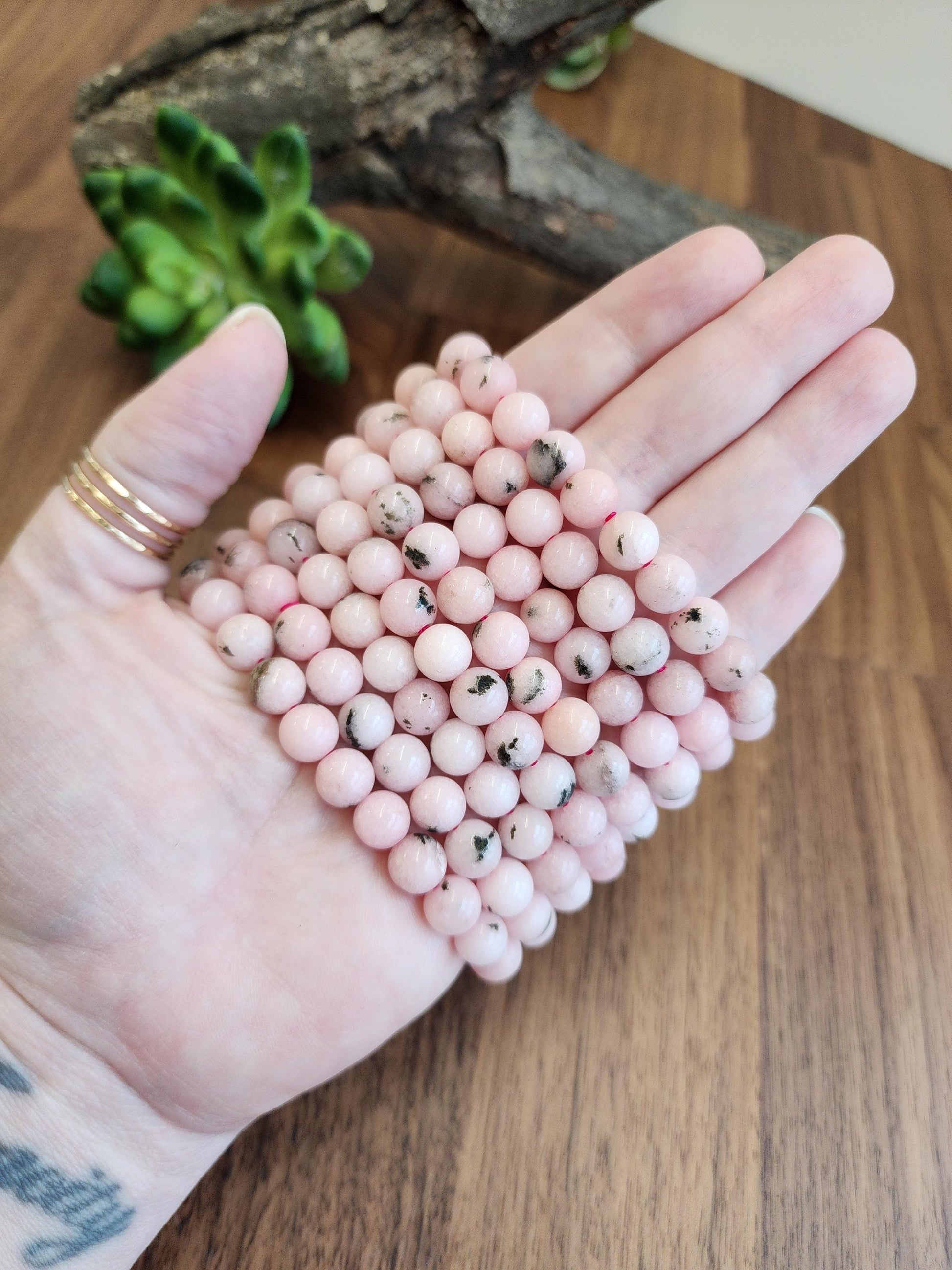 Pink Dendritic Opal Bracelet: 8MM Natural Crystal Beads Enhanced with Pale Pink Dye | Mother's Day Gift or Easter Basket Stuffer for Kids