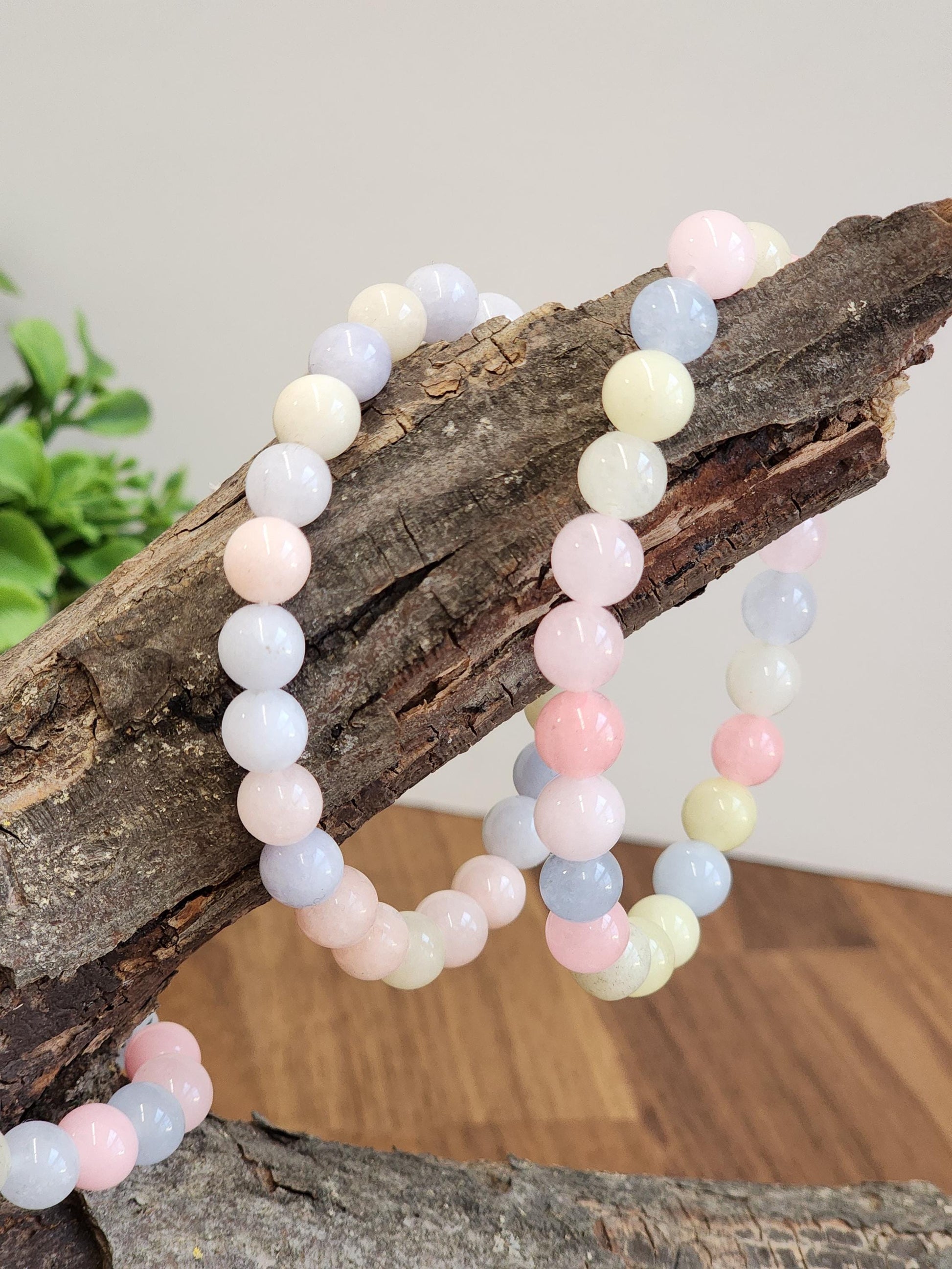 Morganite Crystal Bracelet: 8MM Natural Baby Pink, Soft Yellow, Cloudy Blue Beads | Perfect gift Easter or that Pastelcore Vibe for Spring