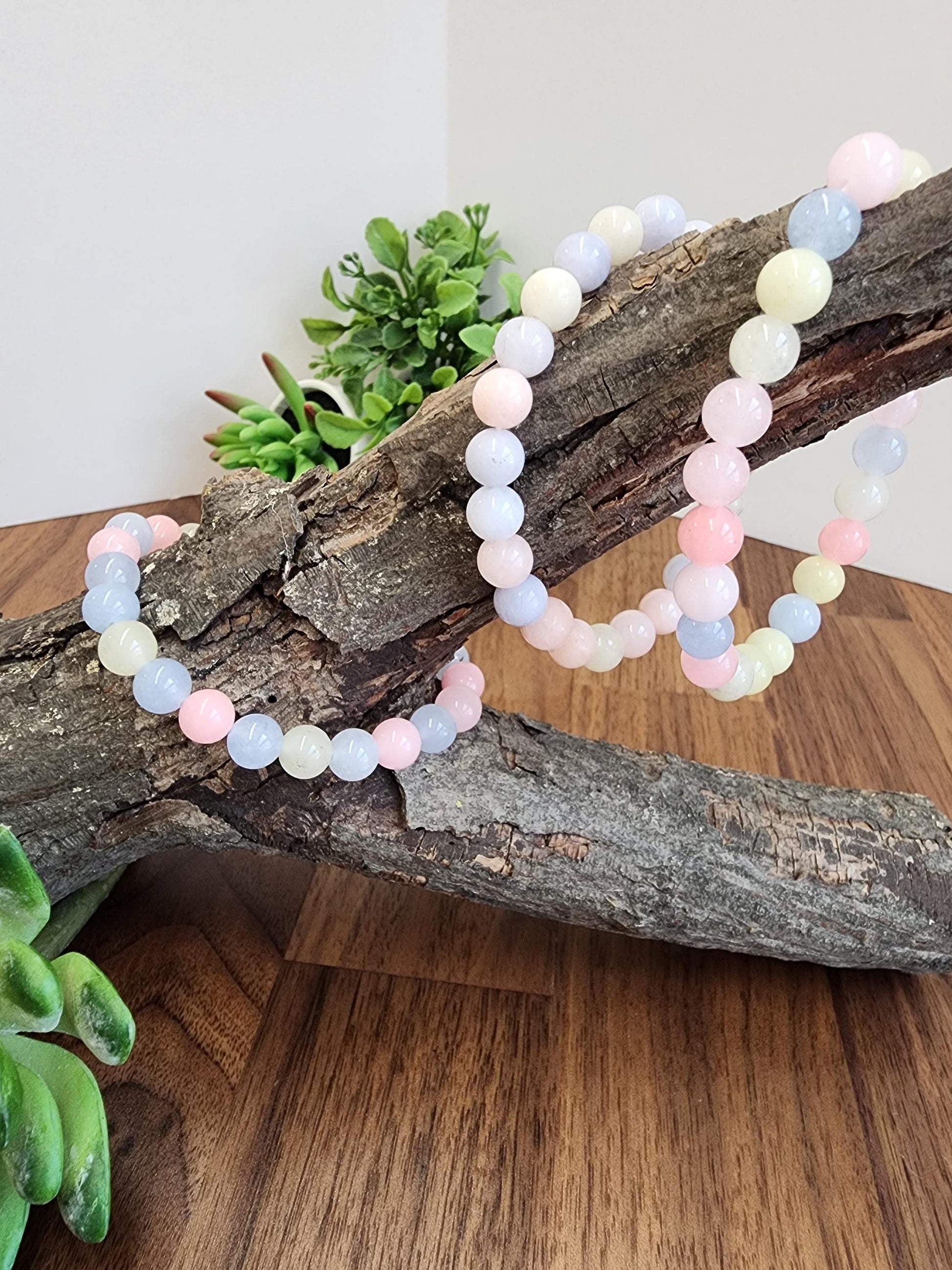 Morganite Crystal Bracelet: 8MM Natural Baby Pink, Soft Yellow, Cloudy Blue Beads | Perfect gift Easter or that Pastelcore Vibe for Spring