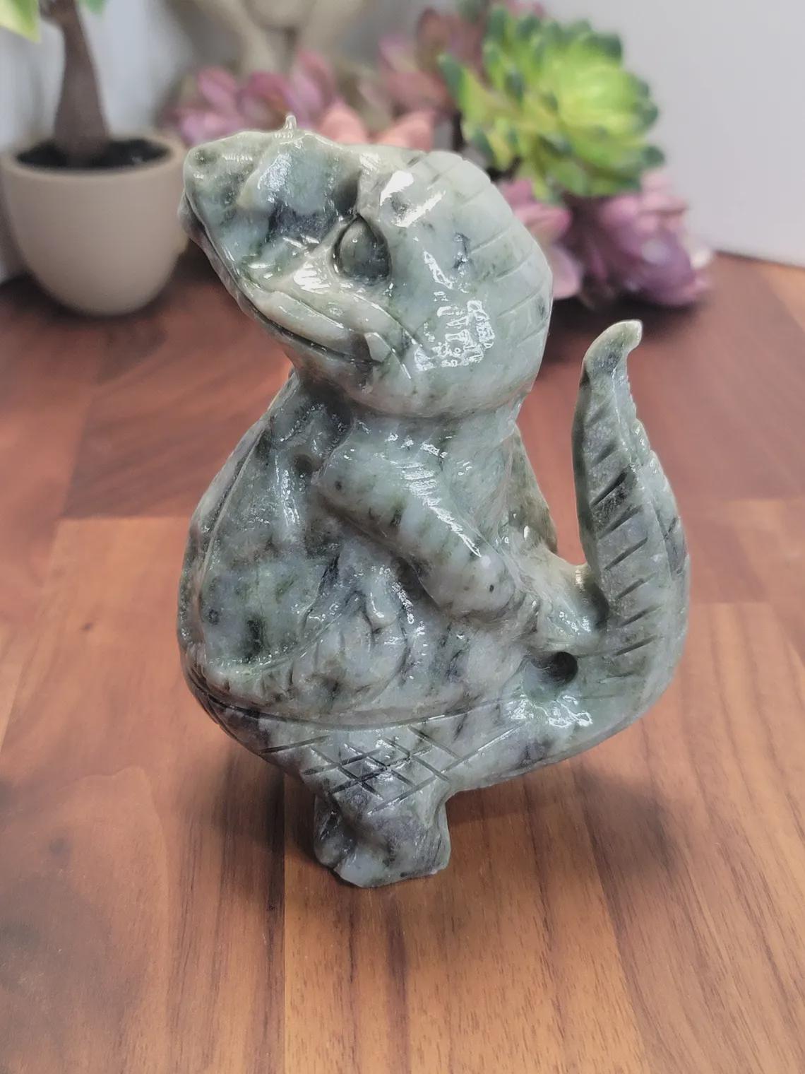 Awesome Alligator Green Jade Crystal Carving | A | 4.9 Inches | Green Yellow and White | One of a Kind
