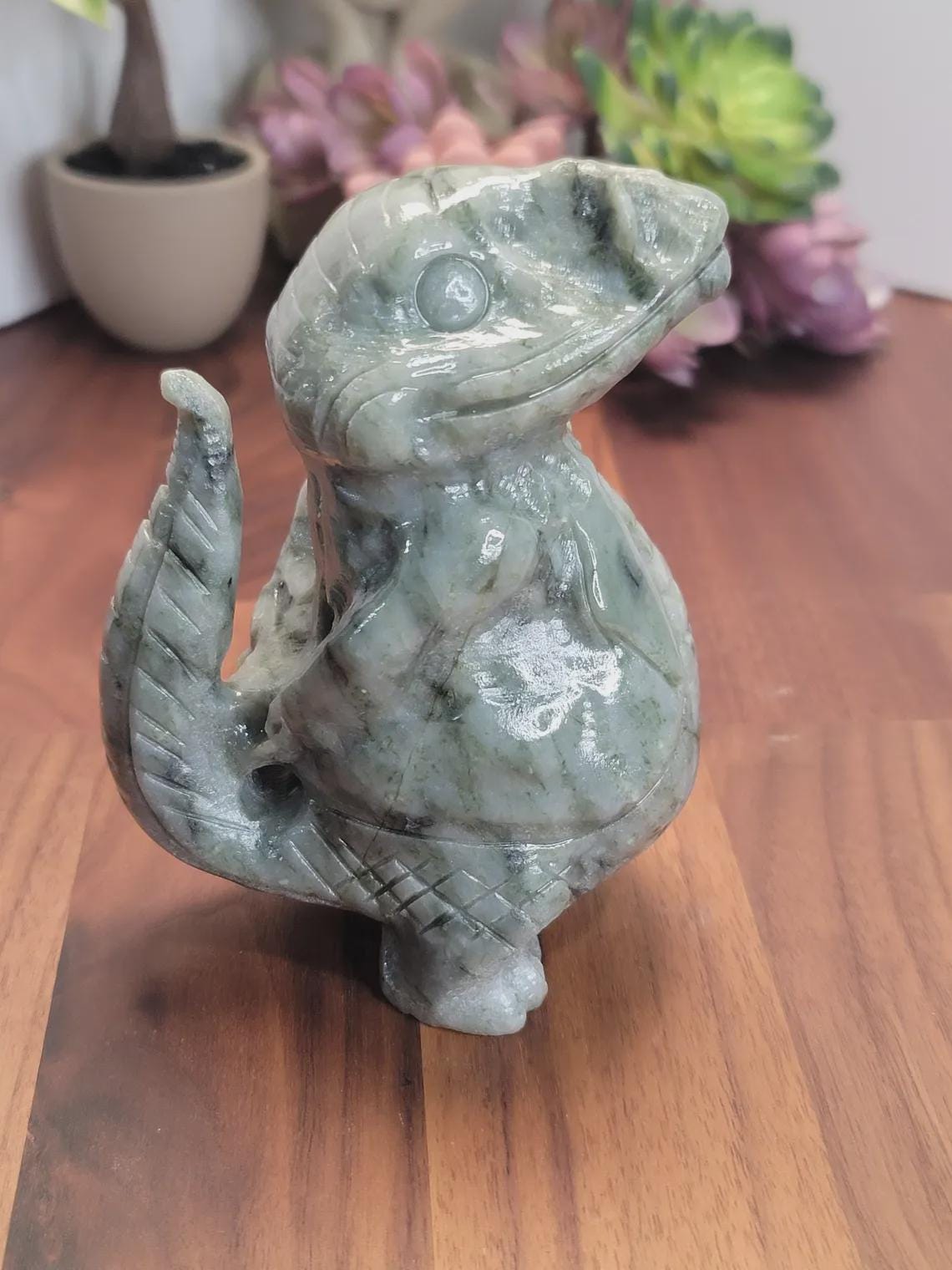Awesome Alligator Green Jade Crystal Carving | A | 4.9 Inches | Green Yellow and White | One of a Kind