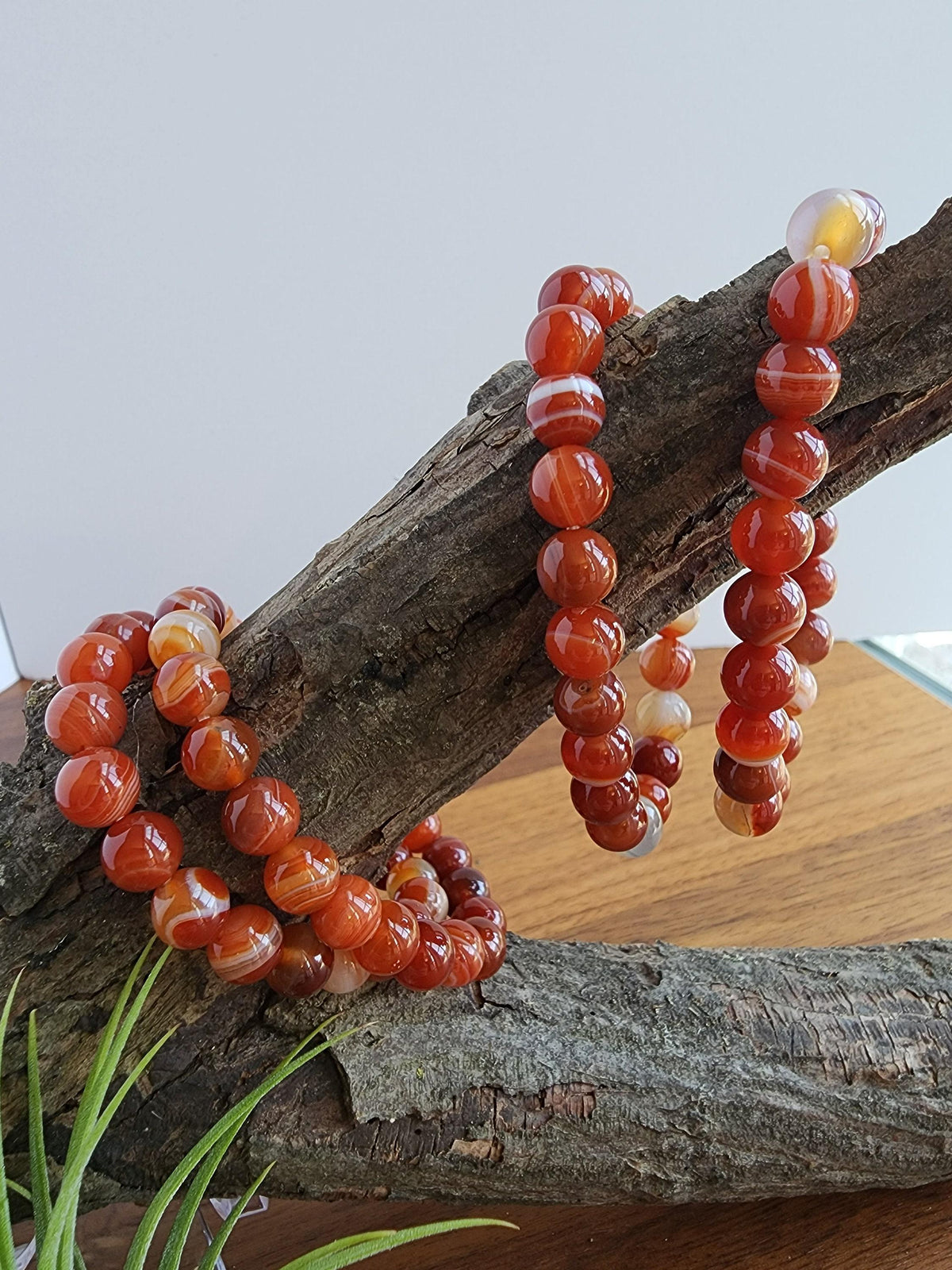 a collection of red and orange beads hanging from a wooden branch.
