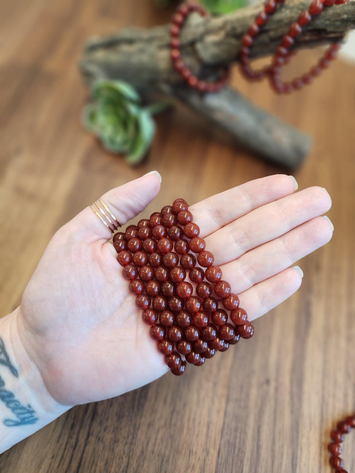 Red Ribbon Agate Bracelet | 8MM Crystal Beads | Red Dream Agate | Red, Black & Coffee Colored Jewelry | Fun Christmas or Yule Gift Idea