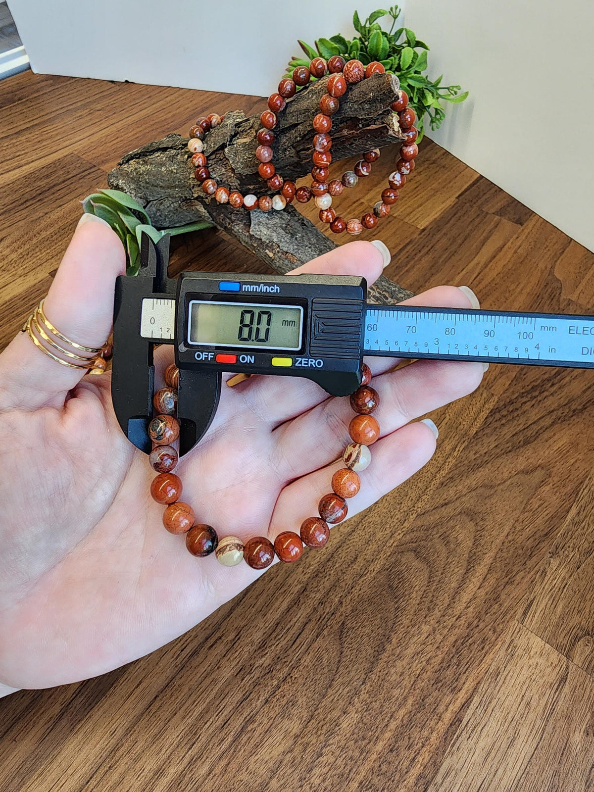 Inv - Brecciated Jasper Bracelet: 8MM Red Crystal Beads set in a Matrix of Quartz, Hematite, and Agate, Mosaic Pattern for Courage, Love