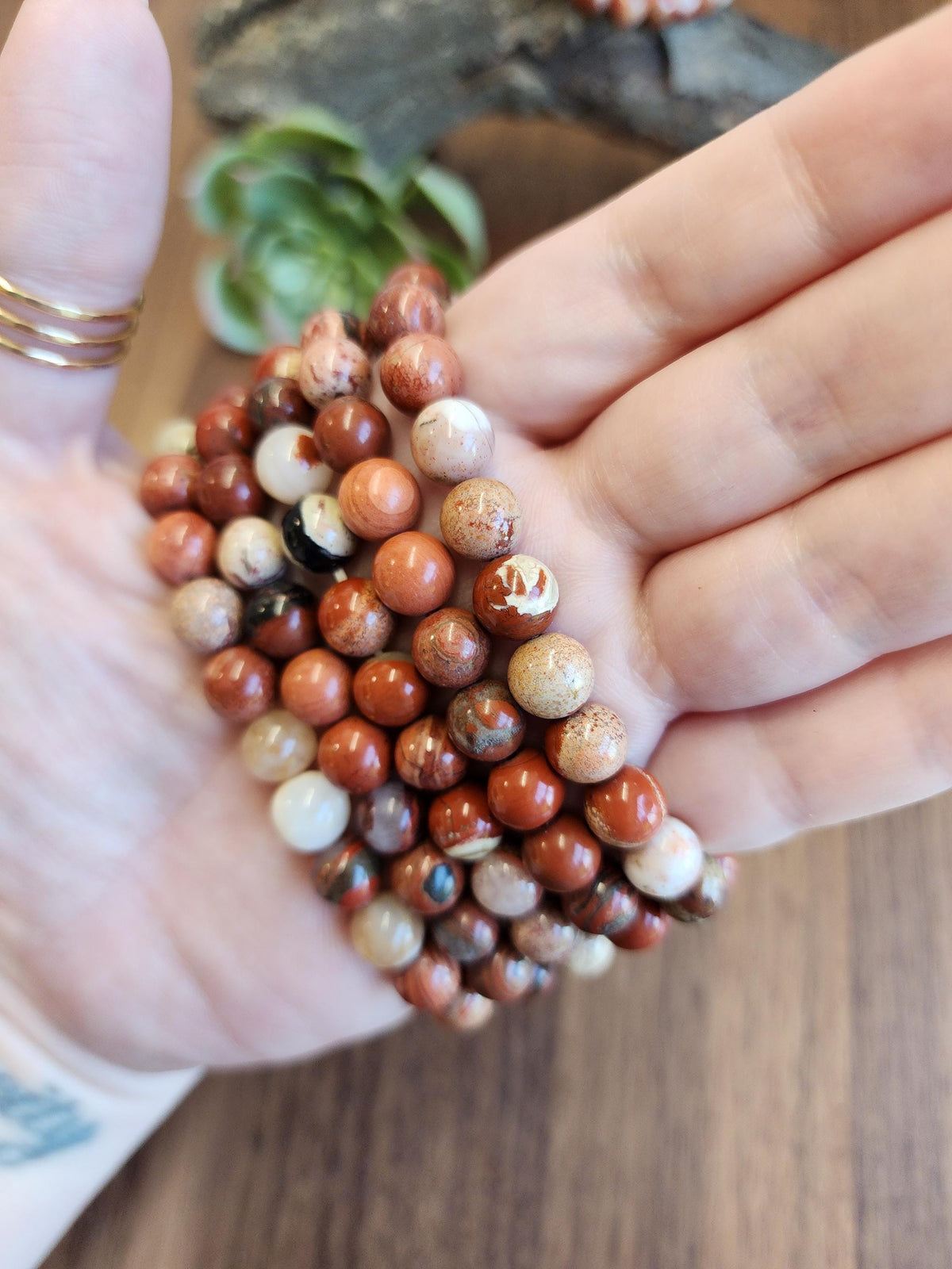 Inv - Brecciated Jasper Bracelet: 8MM Red Crystal Beads set in a Matrix of Quartz, Hematite, and Agate, Mosaic Pattern for Courage, Love