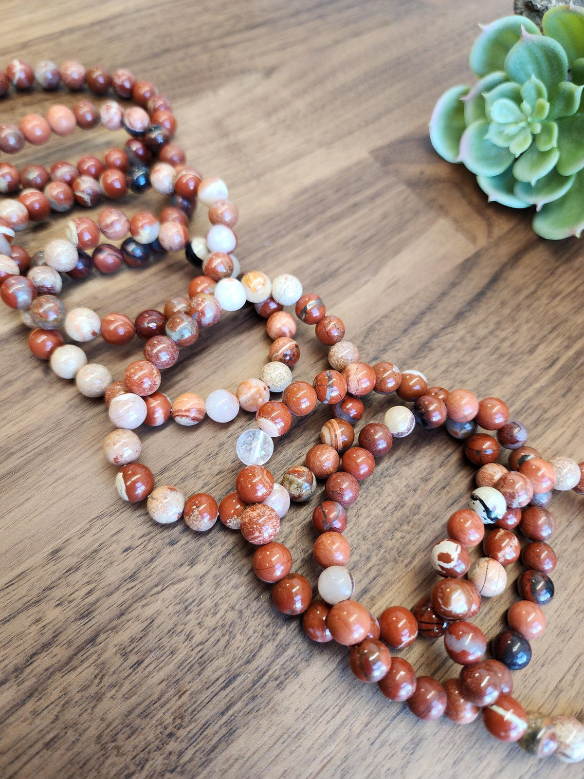 Inv - Brecciated Jasper Bracelet: 8MM Red Crystal Beads set in a Matrix of Quartz, Hematite, and Agate, Mosaic Pattern for Courage, Love