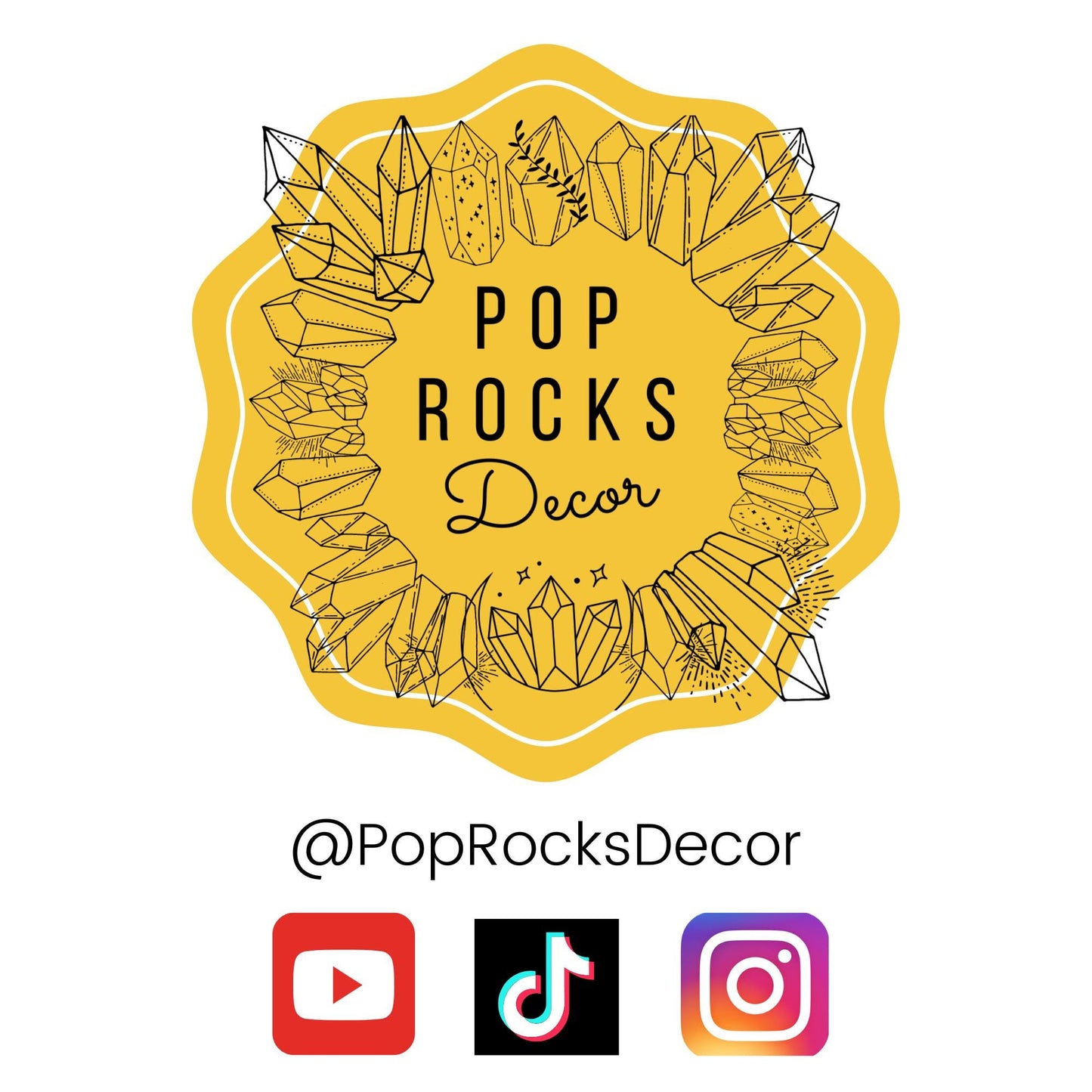 a logo for a company called "Pop Rocks Decor". The logo consists of a yellow circle with a border, surrounded by various geometric shapes and designs, including crystals and lines. The company's name is displayed in a stylized font within the yellow circle. Below the logo, there are three social media icons representing Twitter, Instagram, and YouTube.