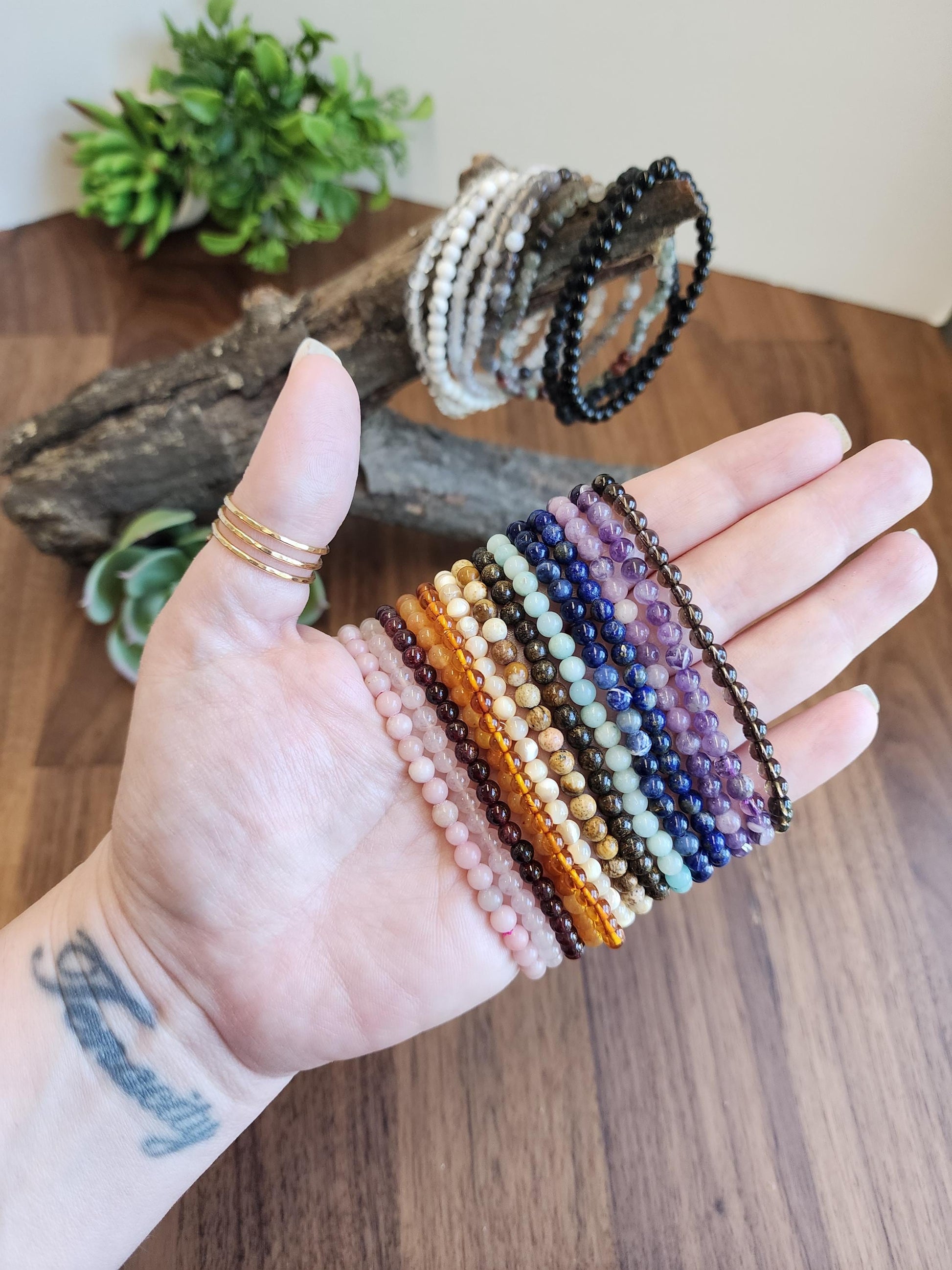 Dainty Crystal Bracelets: Genuine 4mm Natural Gemstone Beads with Stretch for Minimalist Jewelry Stacking, Layering, Matching, and Pairing