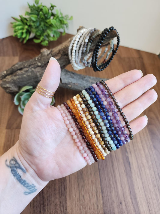Dainty Crystal Bracelets: Genuine 4mm Natural Gemstone Beads with Stretch for Minimalist Jewelry Stacking, Layering, Matching, and Pairing
