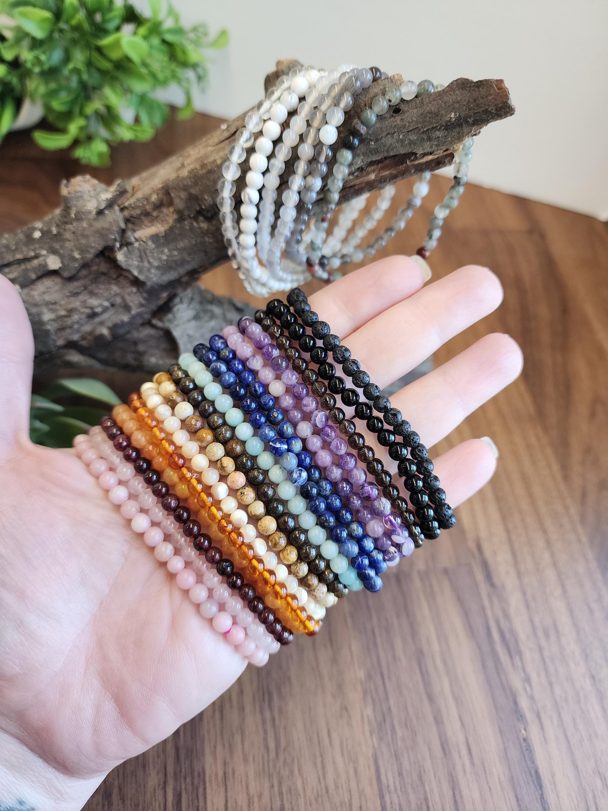 Dainty Crystal Bracelets: Genuine 4mm Natural Gemstone Beads with Stretch for Minimalist Jewelry Stacking, Layering, Matching, and Pairing