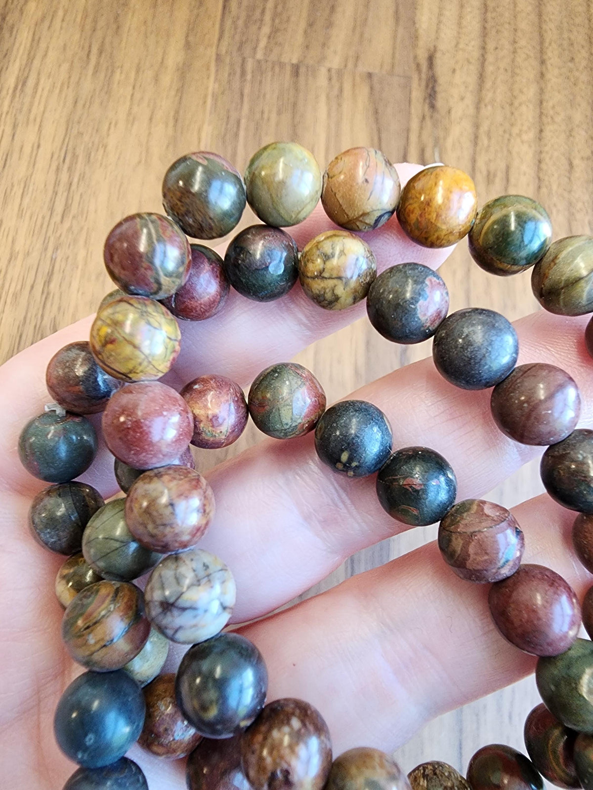 Picasso Jasper Bracelet: Colorful 8MM Crystal Bead Autumn Jewelry