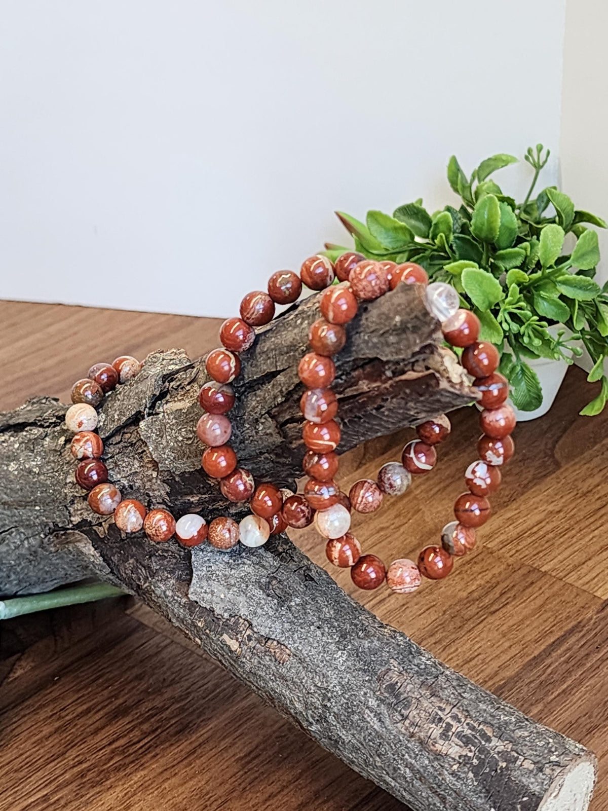 Inv - Brecciated Jasper Bracelet: 8MM Red Crystal Beads set in a Matrix of Quartz, Hematite, and Agate, Mosaic Pattern for Courage, Love
