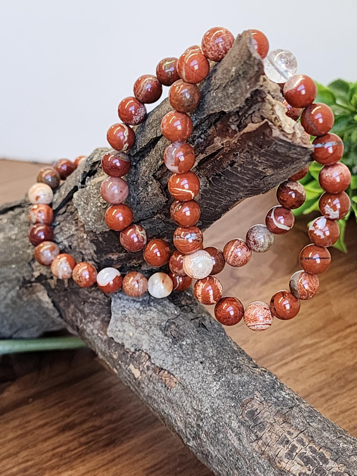 Inv - Brecciated Jasper Bracelet: 8MM Red Crystal Beads set in a Matrix of Quartz, Hematite, and Agate, Mosaic Pattern for Courage, Love