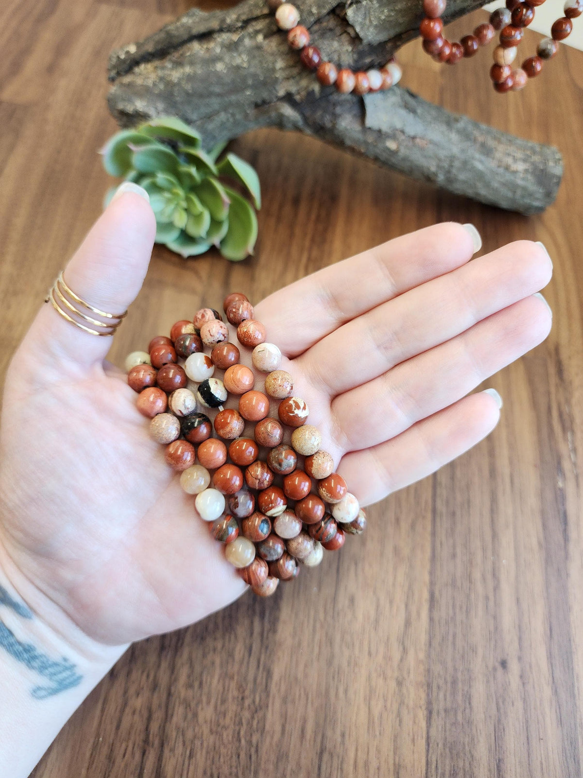 Inv - Brecciated Jasper Bracelet: 8MM Red Crystal Beads set in a Matrix of Quartz, Hematite, and Agate, Mosaic Pattern for Courage, Love