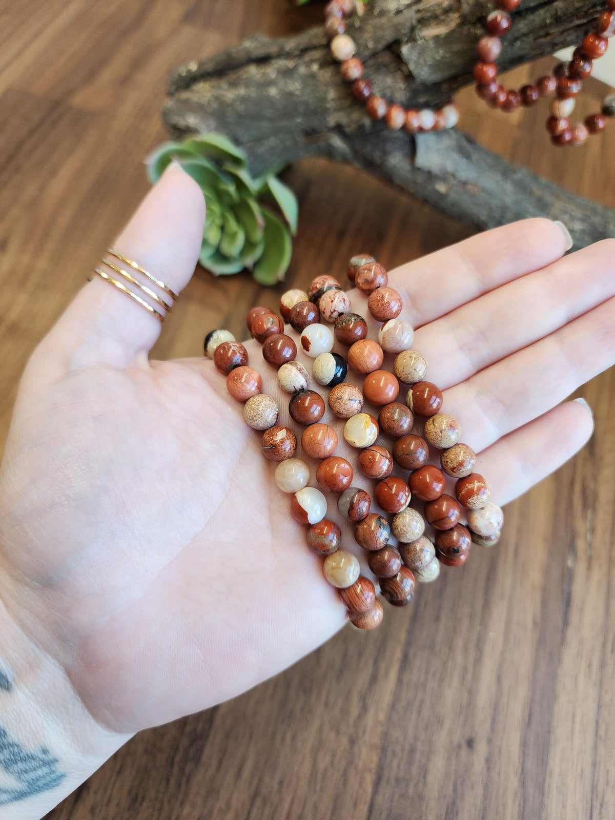 Inv - Brecciated Jasper Bracelet: 8MM Red Crystal Beads set in a Matrix of Quartz, Hematite, and Agate, Mosaic Pattern for Courage, Love