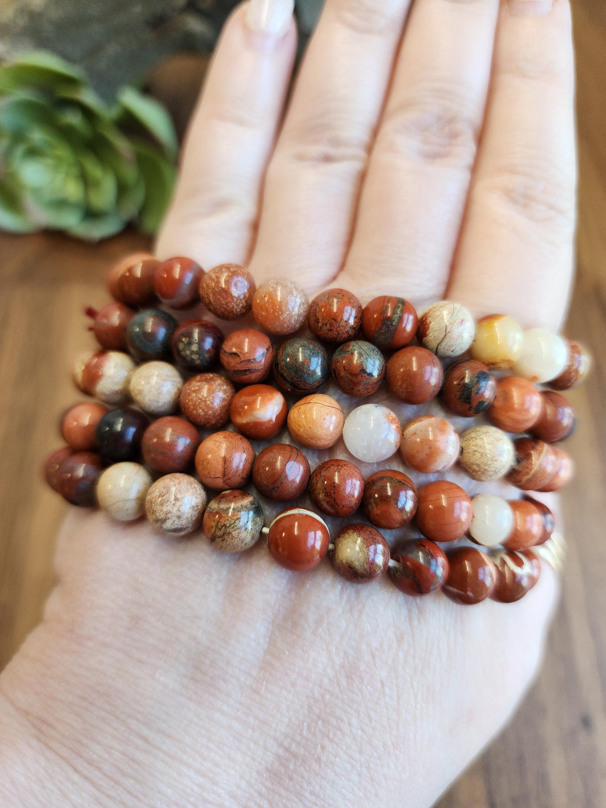 Inv - Brecciated Jasper Bracelet: 8MM Red Crystal Beads set in a Matrix of Quartz, Hematite, and Agate, Mosaic Pattern for Courage, Love