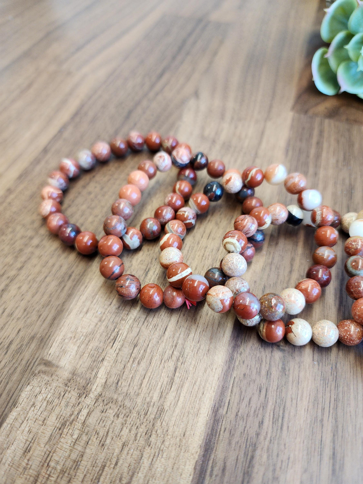 Inv - Brecciated Jasper Bracelet: 8MM Red Crystal Beads set in a Matrix of Quartz, Hematite, and Agate, Mosaic Pattern for Courage, Love