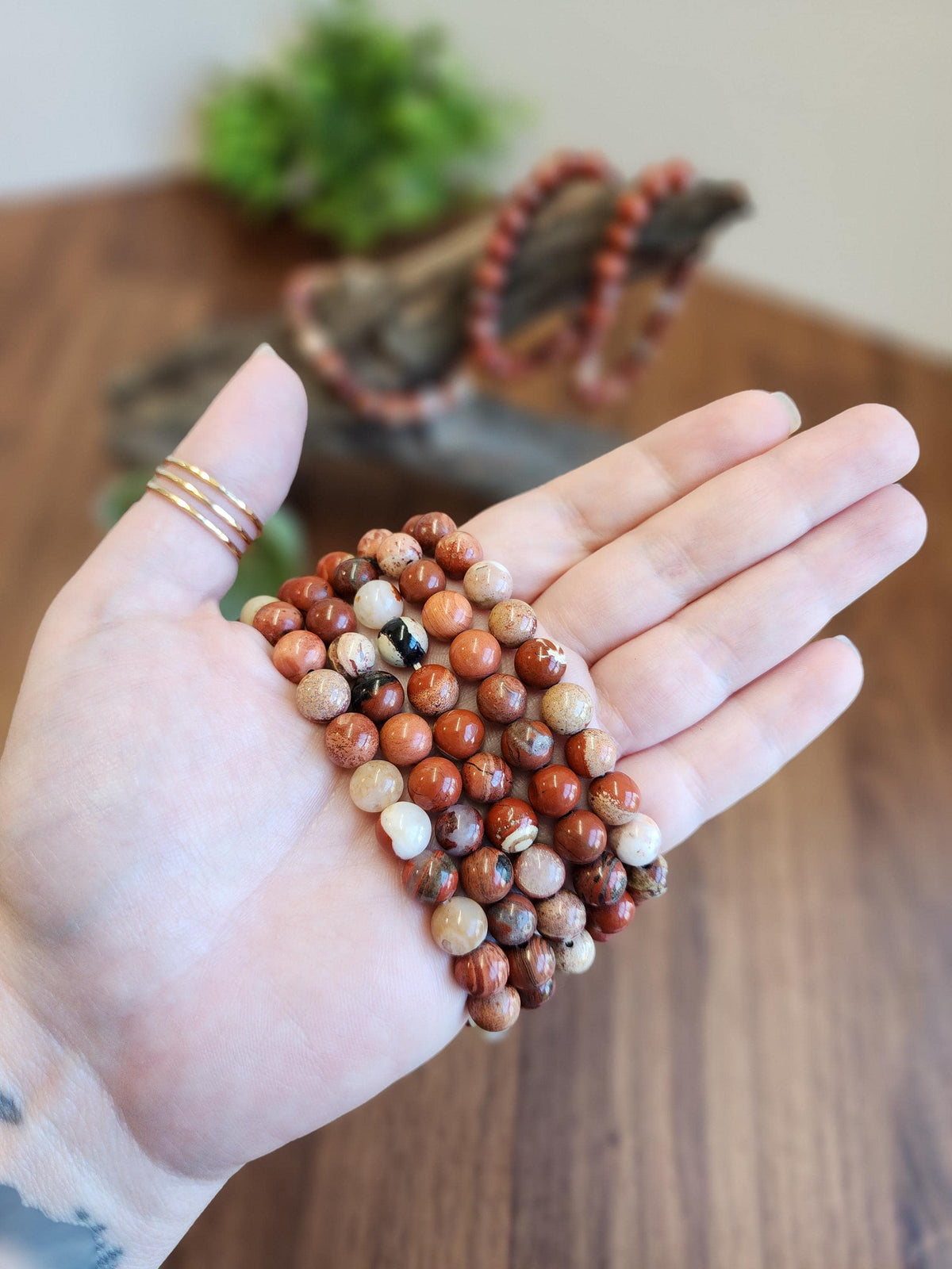 Inv - Brecciated Jasper Bracelet: 8MM Red Crystal Beads set in a Matrix of Quartz, Hematite, and Agate, Mosaic Pattern for Courage, Love