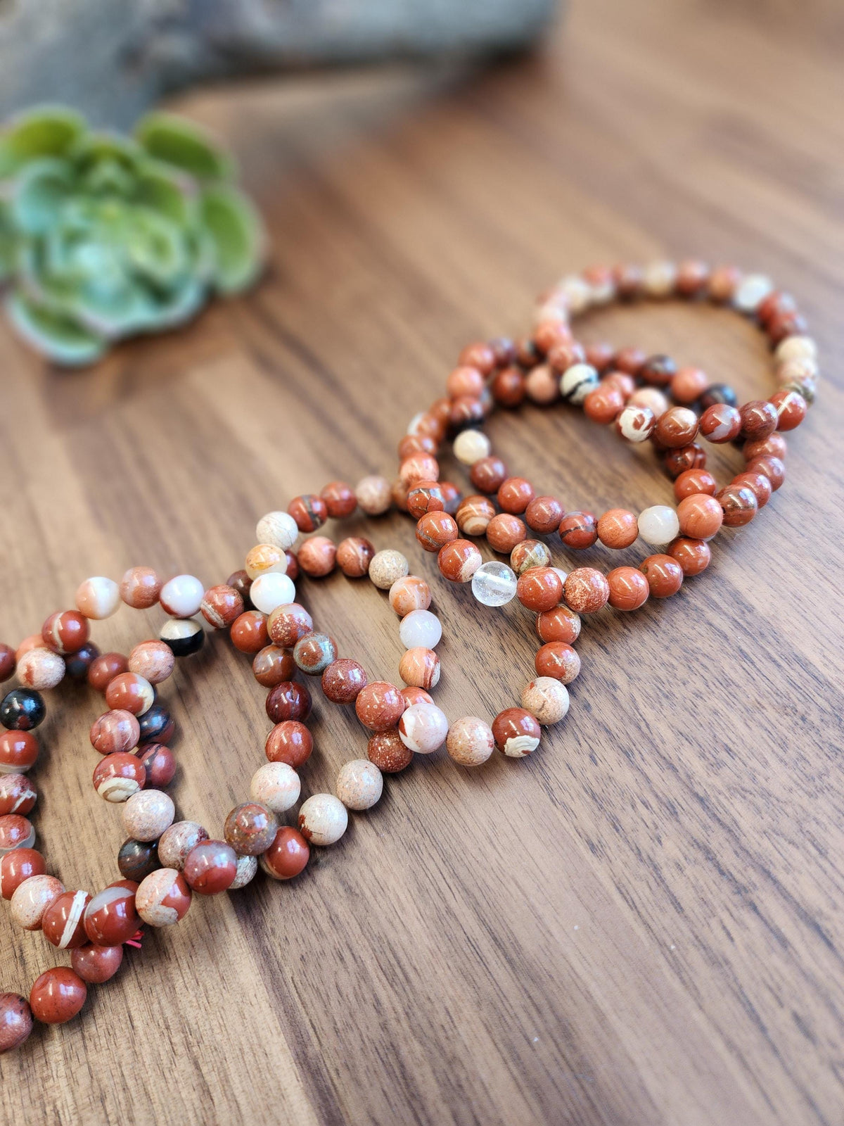 Inv - Brecciated Jasper Bracelet: 8MM Red Crystal Beads set in a Matrix of Quartz, Hematite, and Agate, Mosaic Pattern for Courage, Love