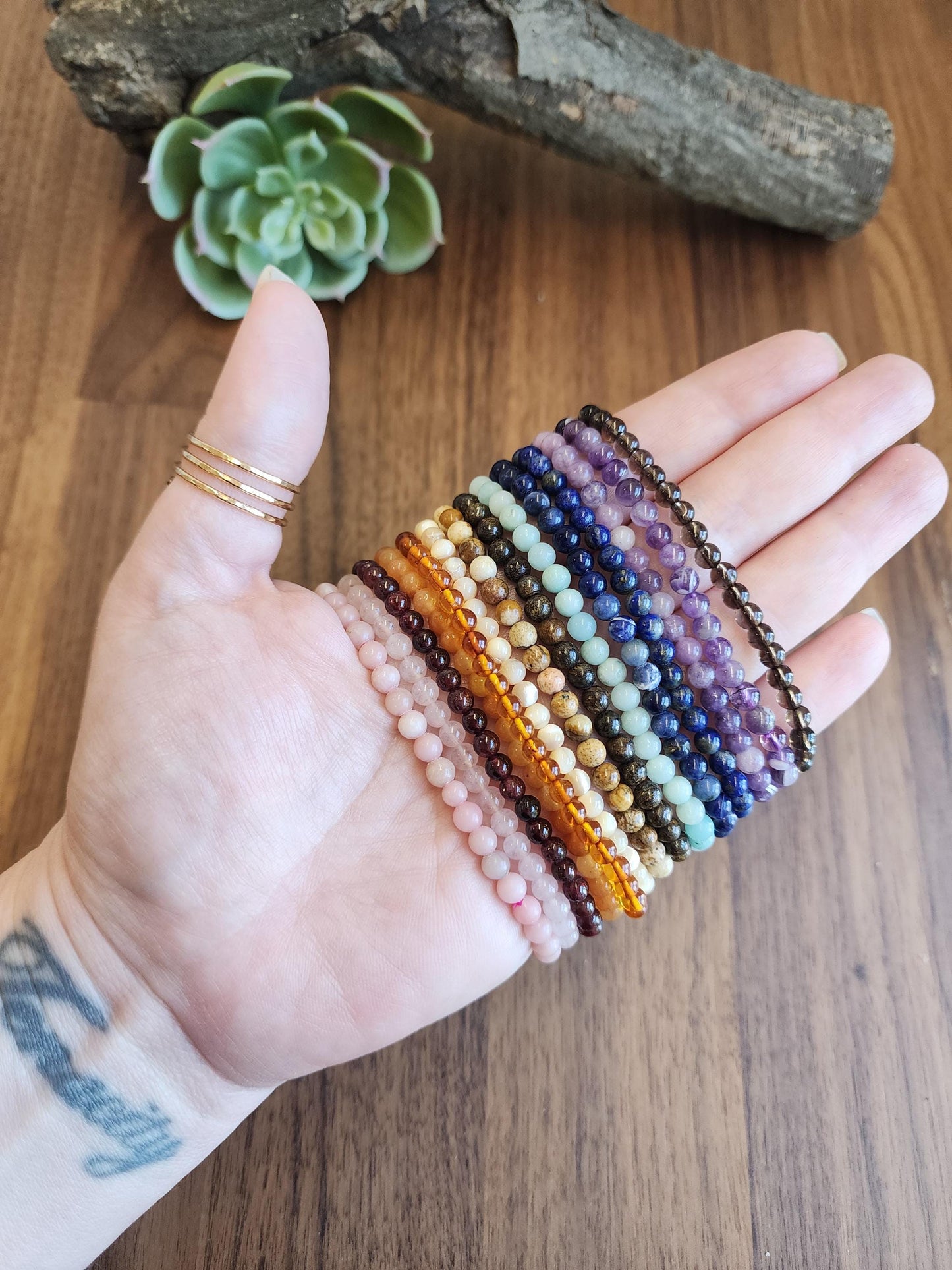 Dainty Crystal Bracelets: Genuine 4mm Natural Gemstone Beads with Stretch for Minimalist Jewelry Stacking, Layering, Matching, and Pairing